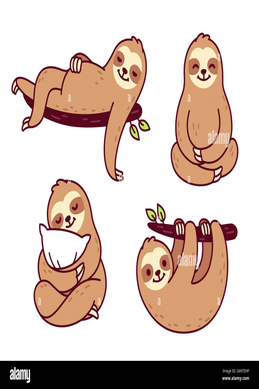 Cute cartoon sloth character drawing set