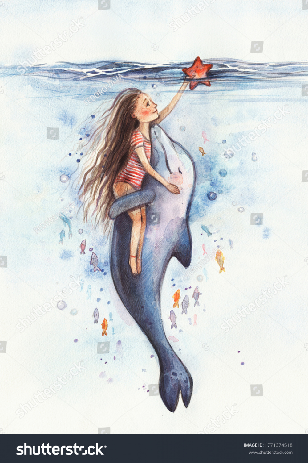Cute Girl Striped Swimsuit Swims Dolphin Stock Illustration