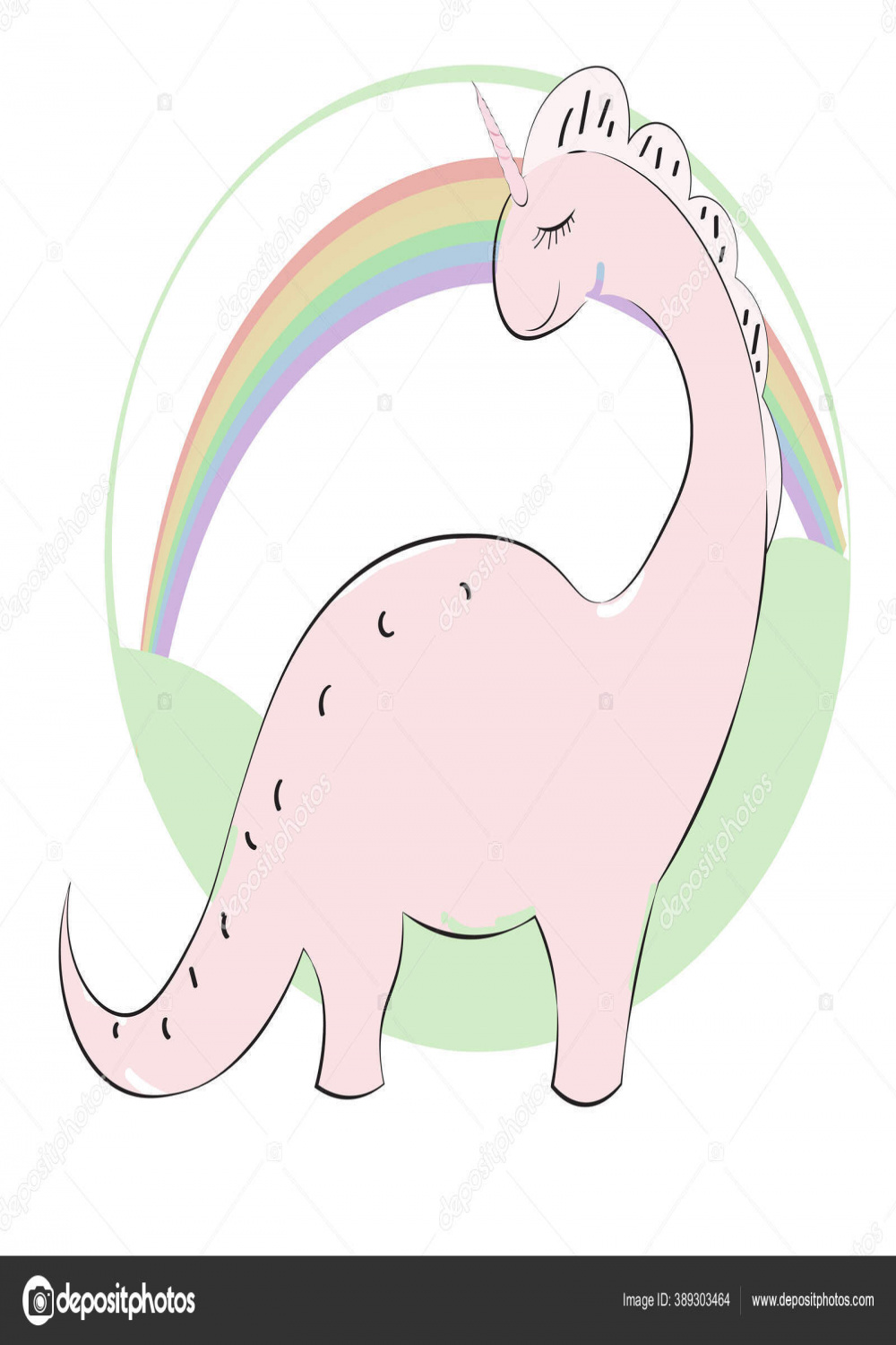 Cute Pink Cartoon Dinosaur Unicorn Diplodocus Rainbow Picture Hand