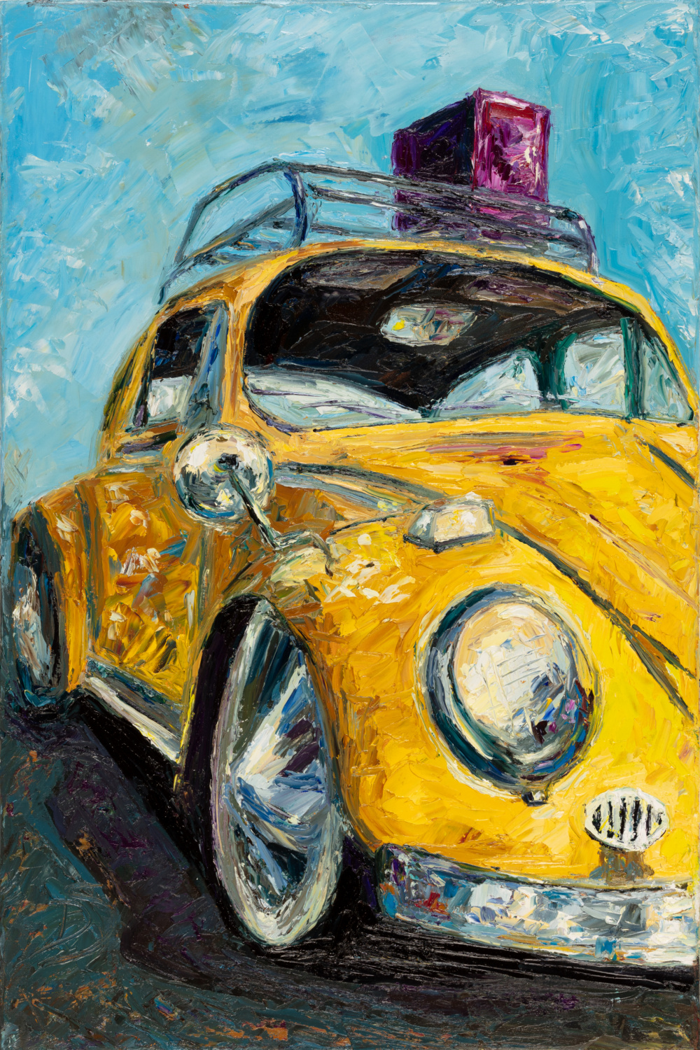 Dana Sorokina “Yellow VW Beetle” Original Painting - Merrion Gallery