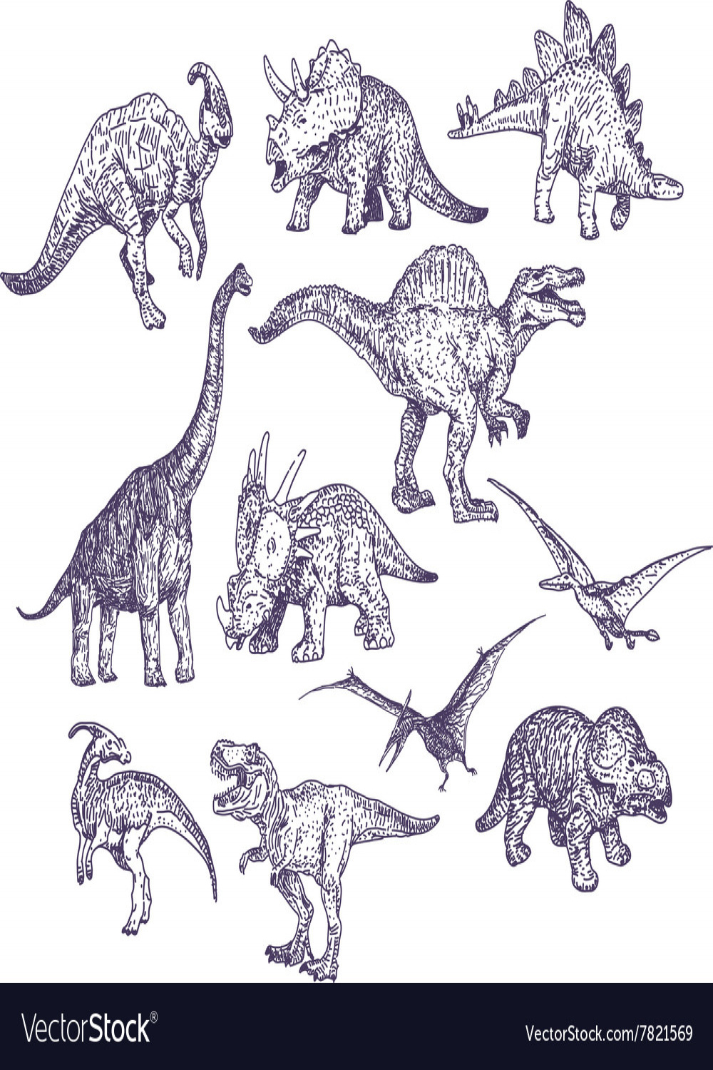 Dinosaurs drawings set Royalty Free Vector Image