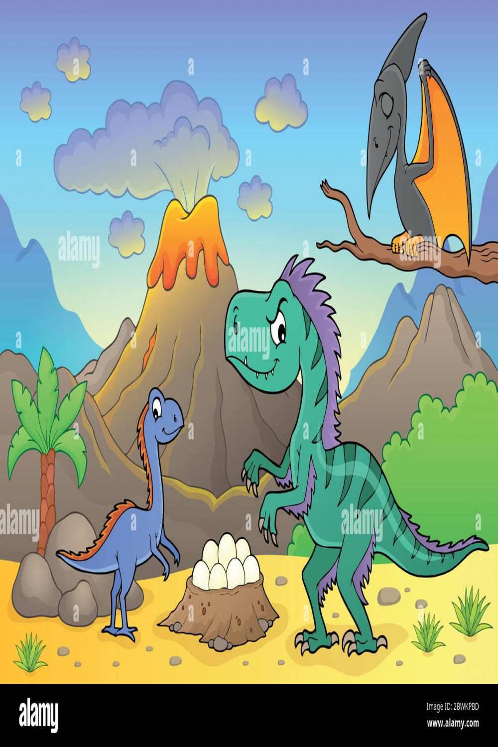 Dinosaurs near volcano image  - eps vector illustration Stock