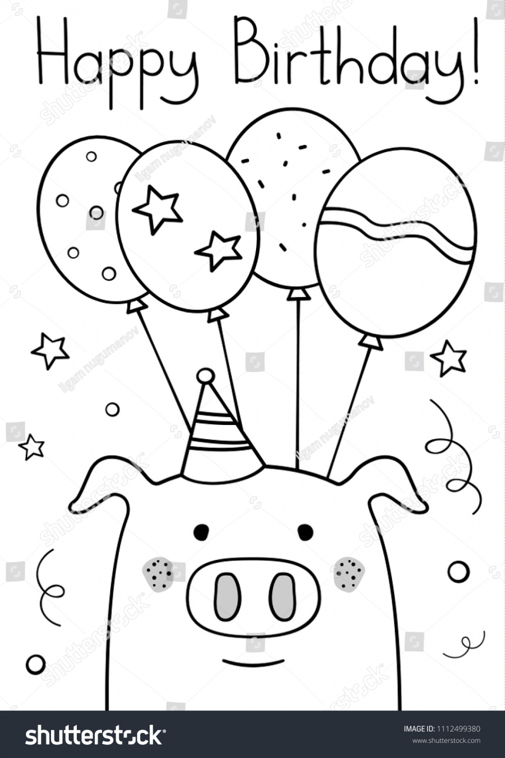 Doodle Sketch Pig Happy Birthday Greeting Stok Vektör (Telifsiz