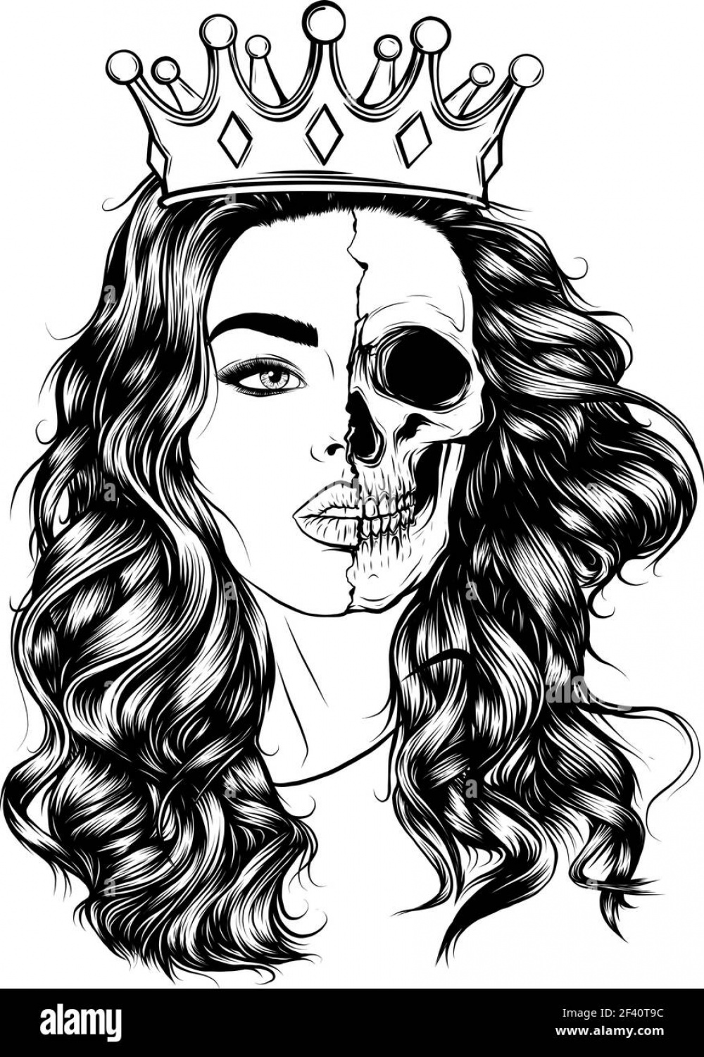 draw in black and white of Skull face girl with a crown with green