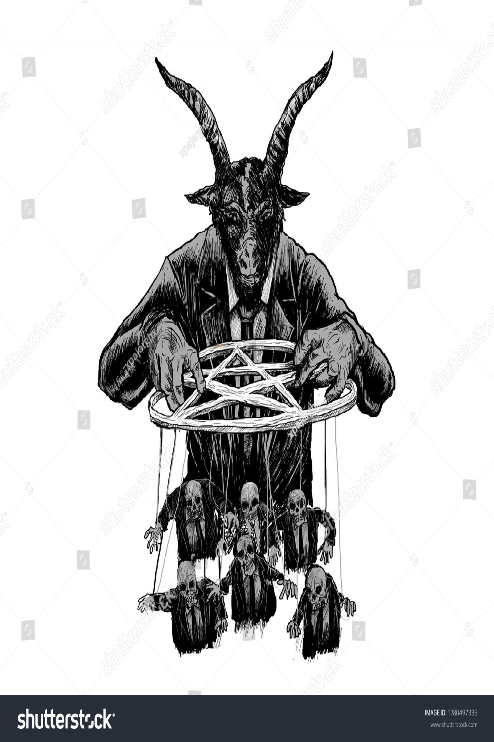 Drawing Goat Demon Pentagram Controlling People Stock Illustration