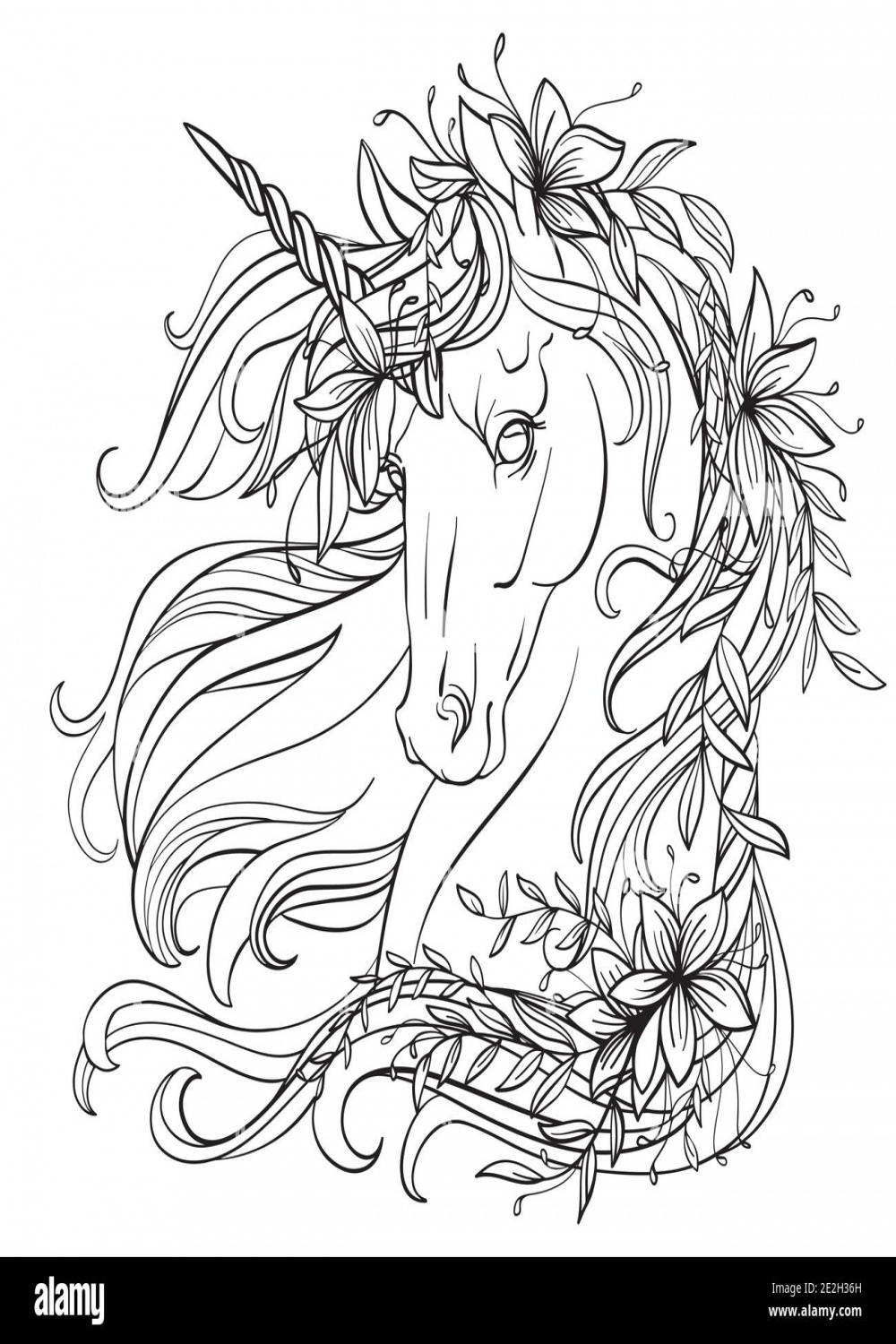 Drawing isolated unicorn with flowers in its long mane