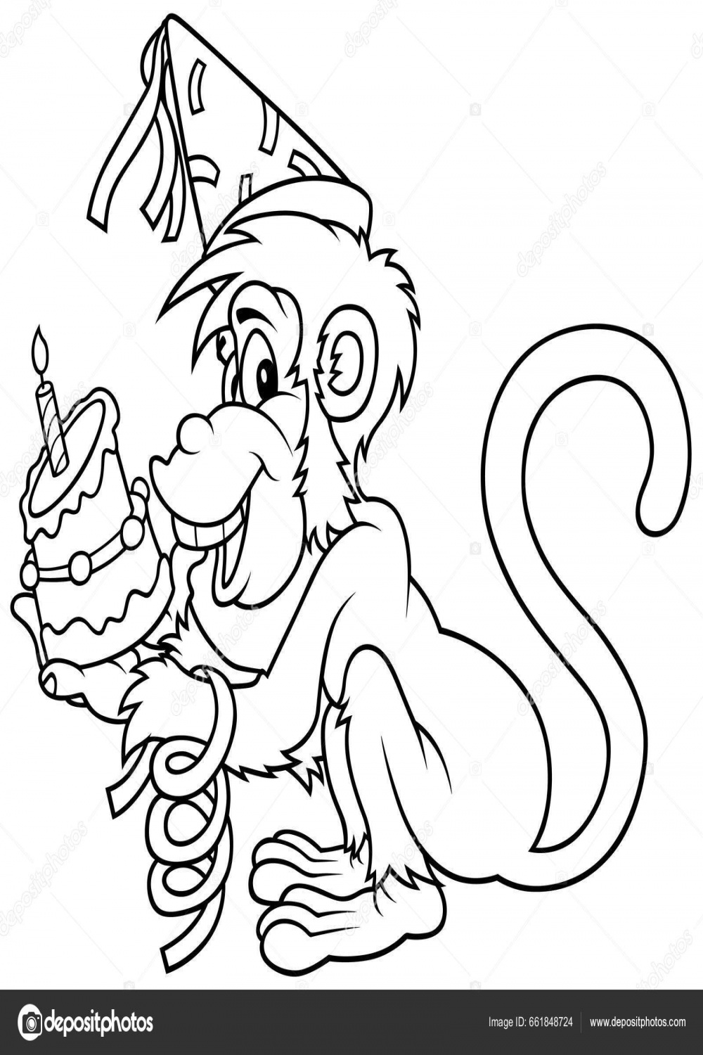 Drawing Monkey Birthday Cake His Hands Cartoon Illustration