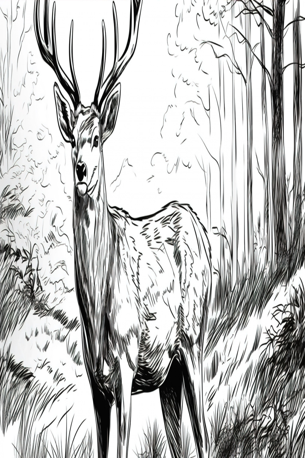 Drawing Of A Stag In The Forest Background, Coloring Picture Of A