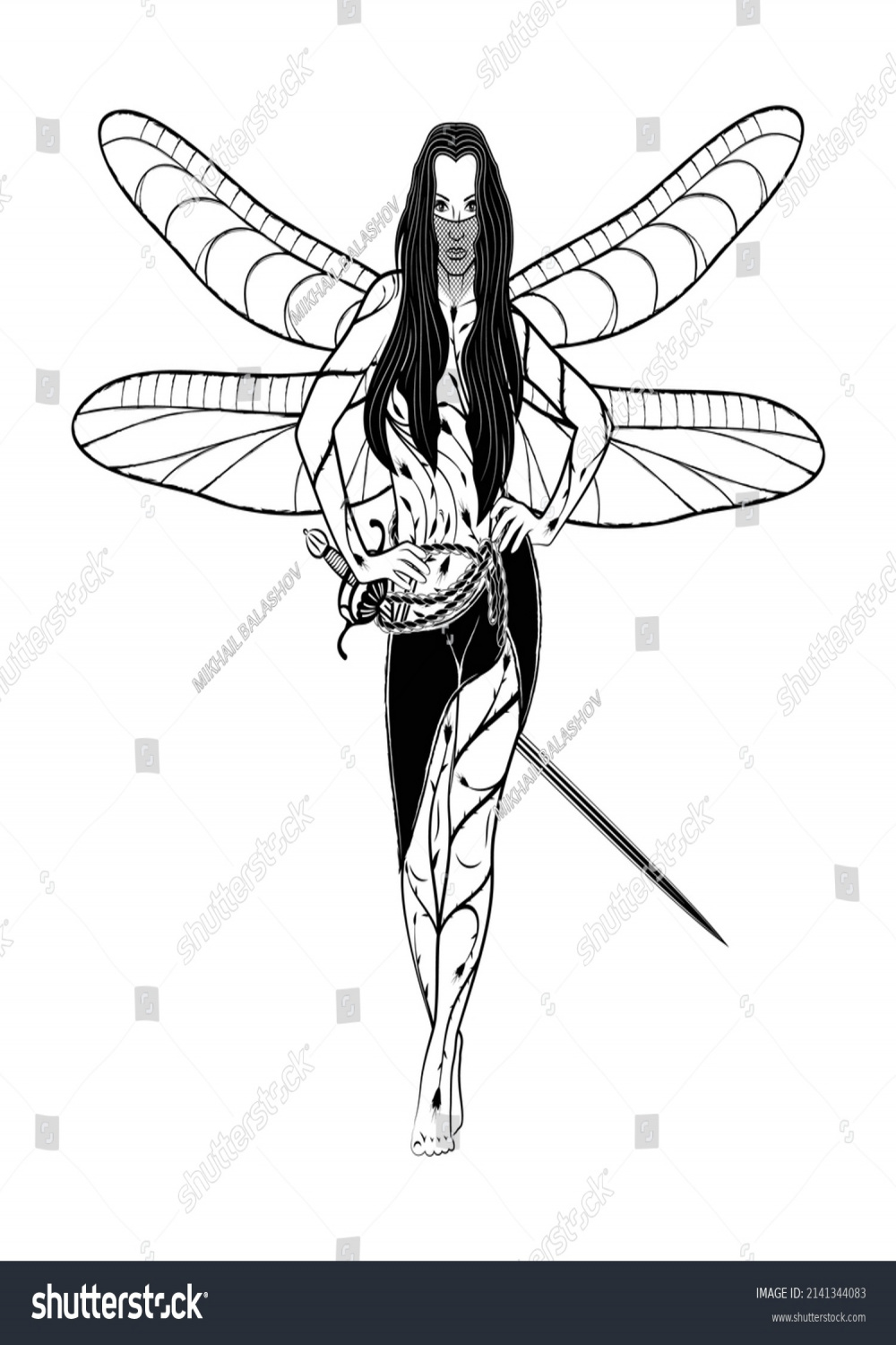 Drawing Winged Forest Fairy Sword Dragonfly Stock Vector (Royalty