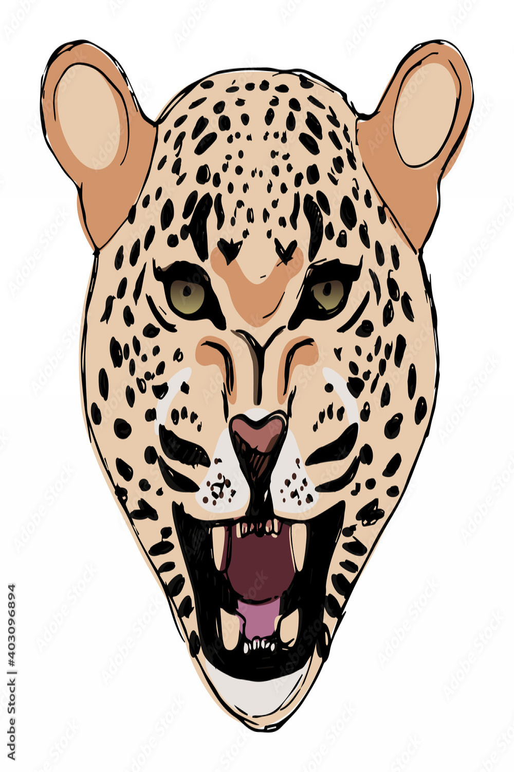 Face of angry jaguar or leopard with open mouth