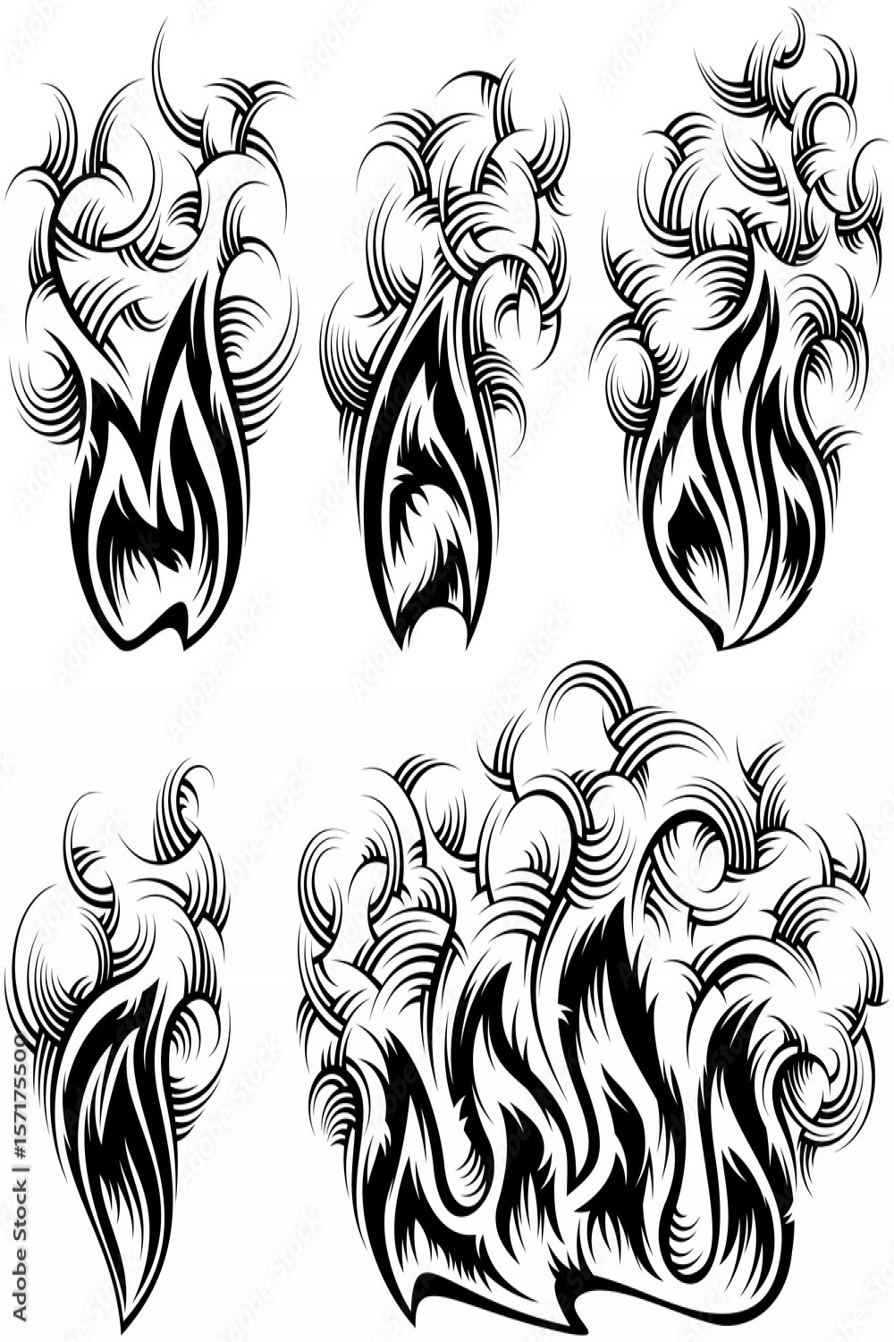 Fire with spurts of flame with swirled smoke; Vector set of