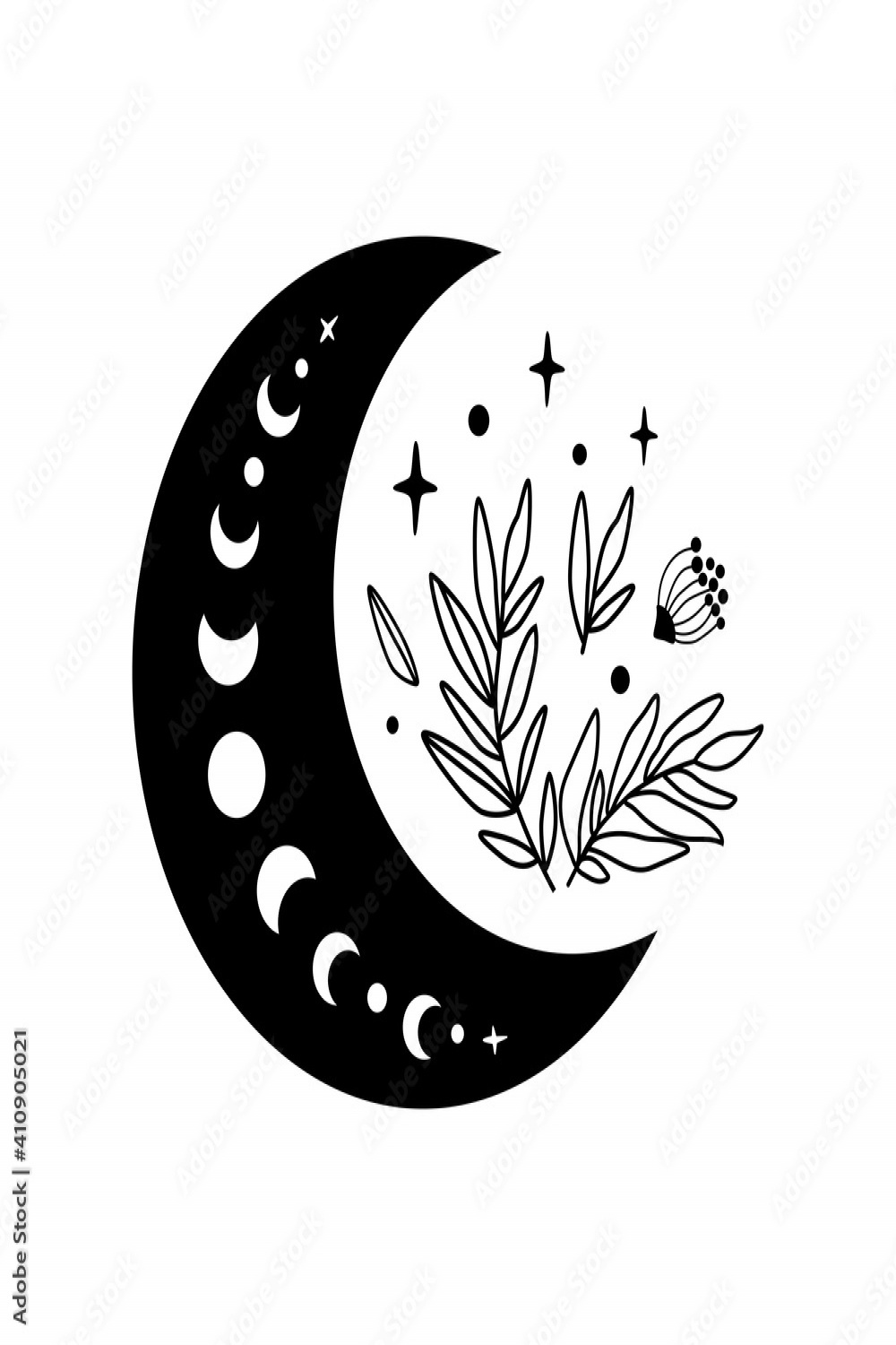 Floral moon logo. Moon phase flowers. Black moon icon