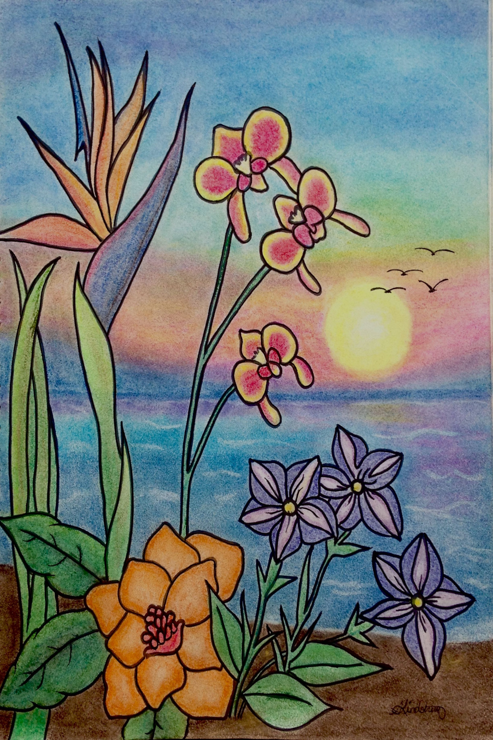 Flowers with Ocean Sunset Completed June  - st Drawing with