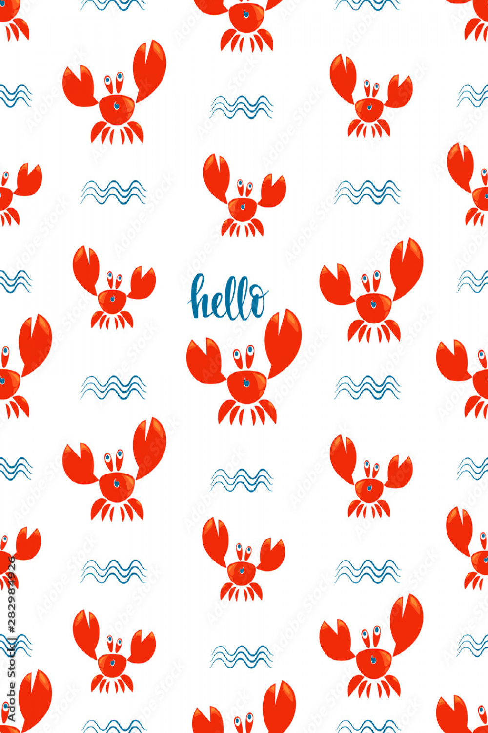 Funny red crabs and waves. Seamless pattern
