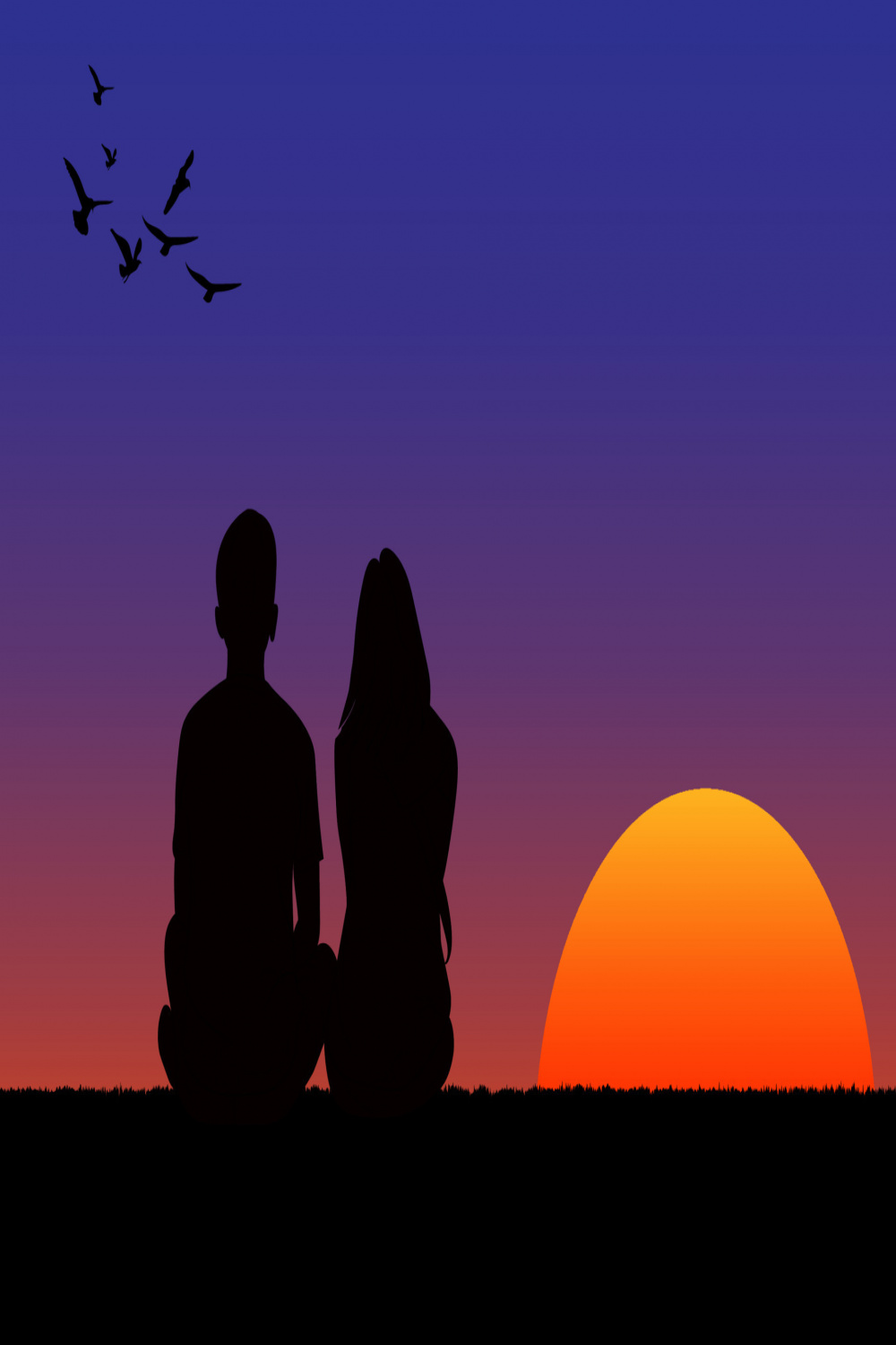graphics drawing couple boy and girl sit with sunset or sunrise