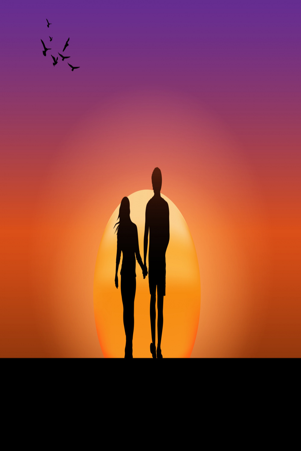 graphics drawing couple boy and girl stand to look the sunset with