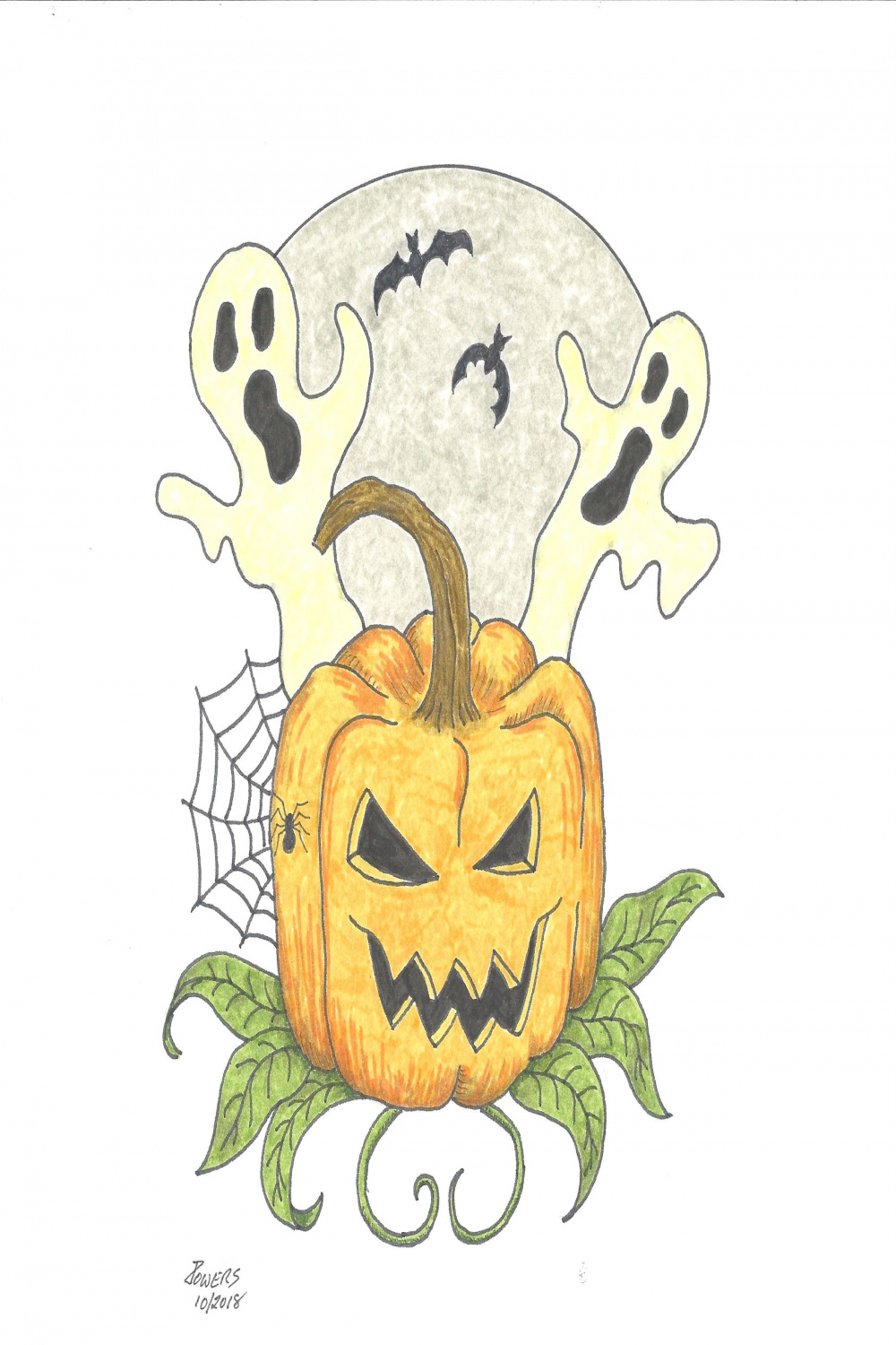 Halloween Pumpkin #art #drawing #Halloween #pumpkin #ghost #bats