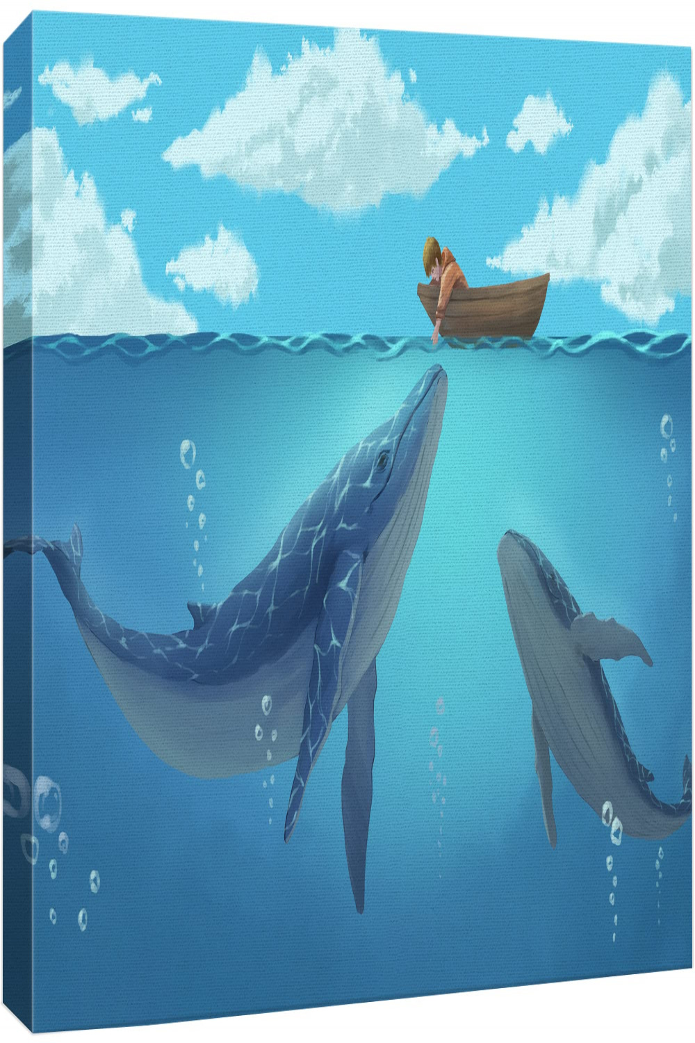 Hand Drawing Style Mystical Boy in the Boat on the Ocean with Blue Whales  Gallery x inches