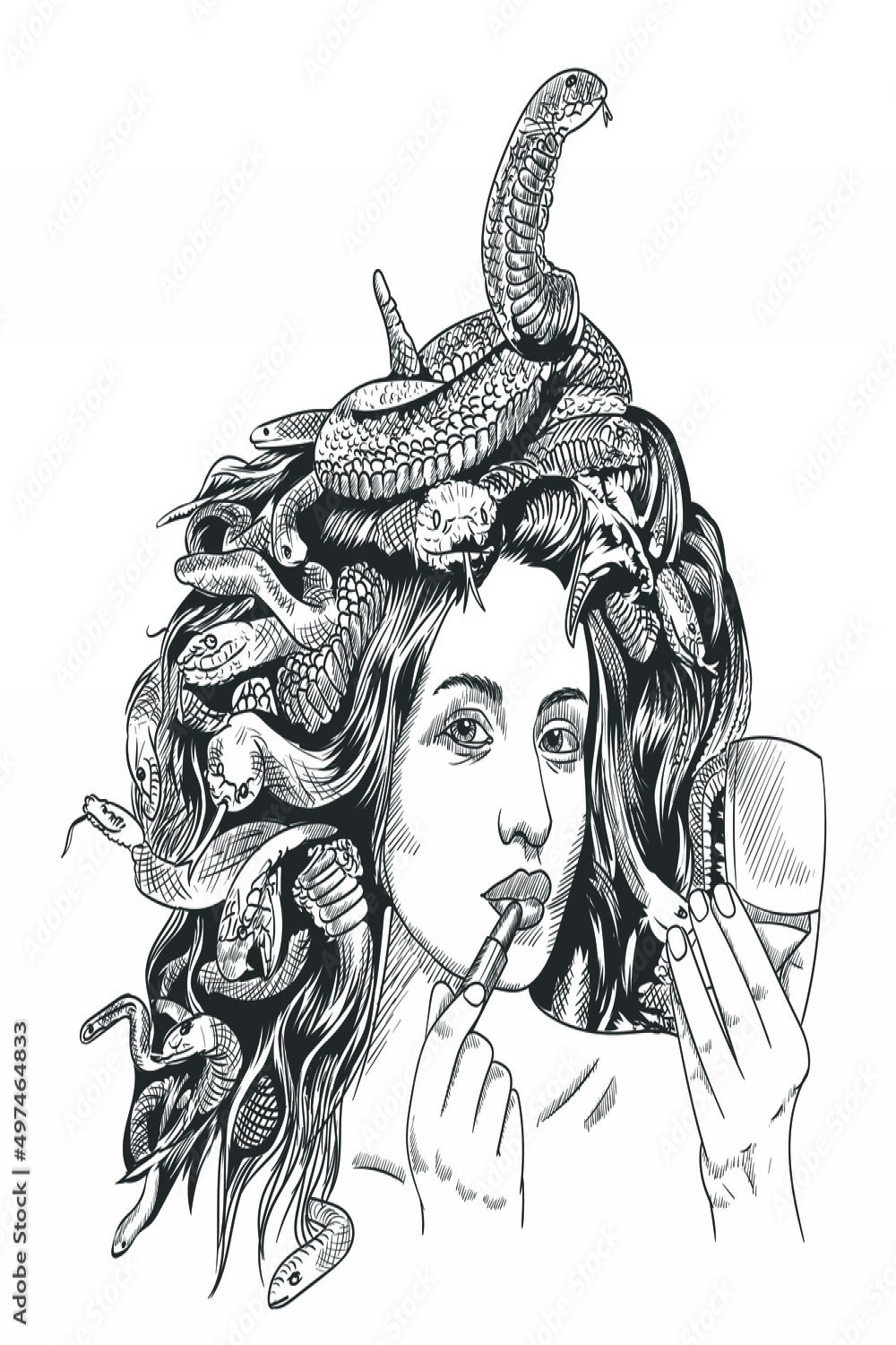 Hand-drawn beautiful snake hair woman doing makeup with mirror and