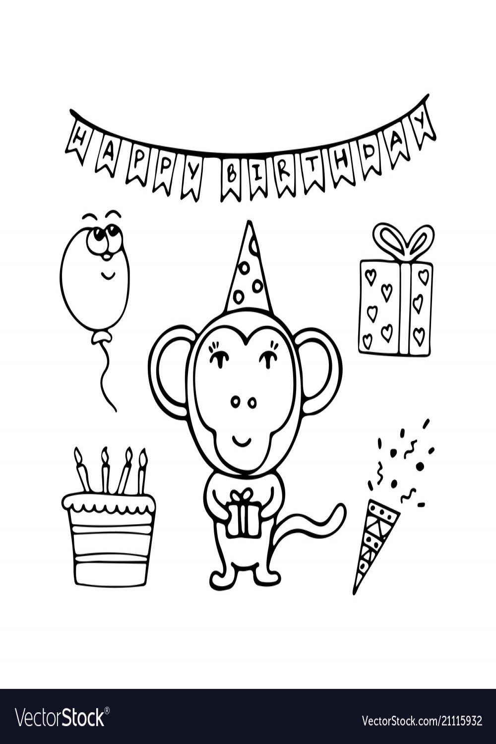 Hand-drawn monochrome monkey birthday man Vector Image