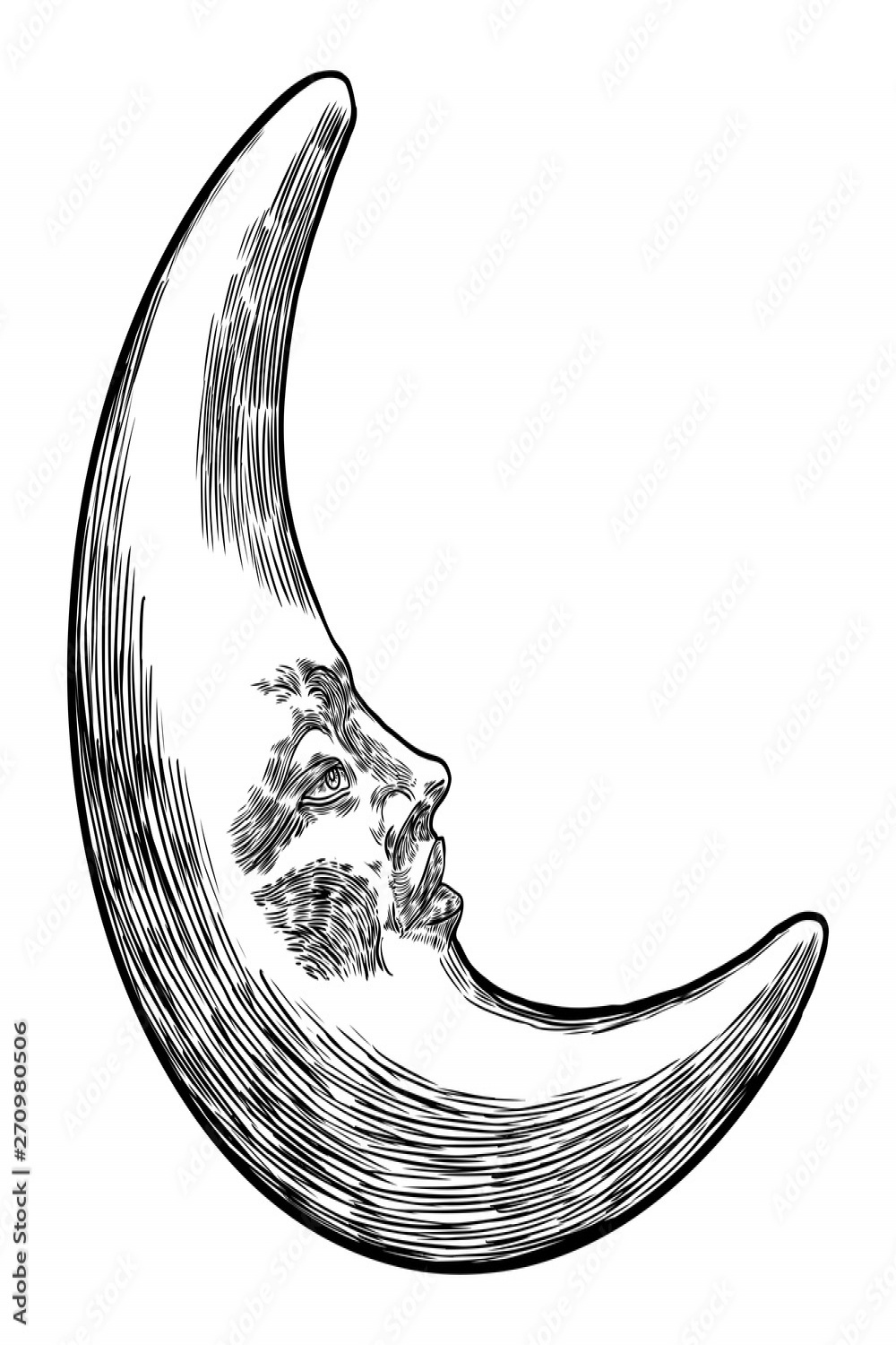 Hand drawn sketch of crescent moon human like face or