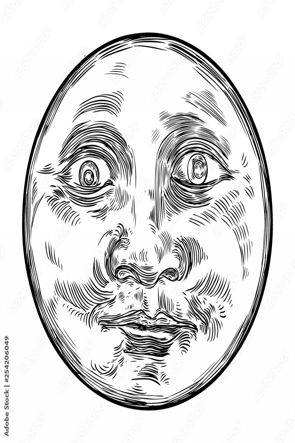 Hand drawn sketch of moon human like face or anthropomorphic