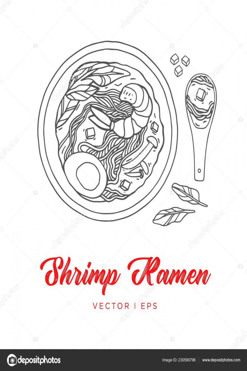 Hand Drawn Vector Shrimp Ramen Sketch Made Mushroom Egg Tofu Stock