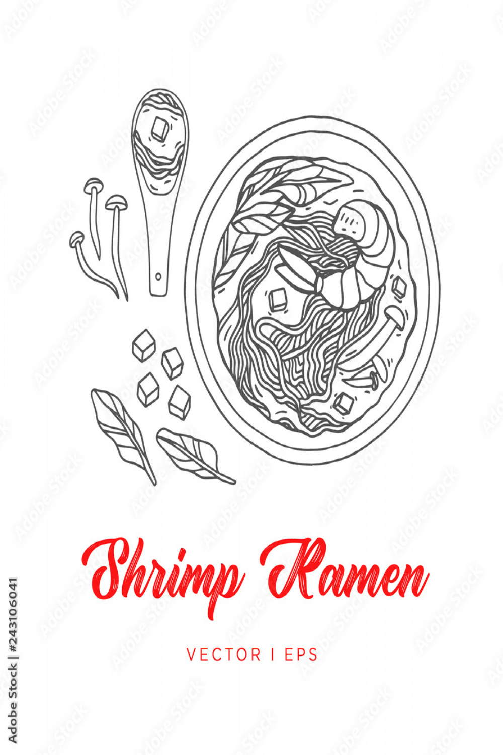 Hand drawn vector shrimp Ramen sketch, made of mushroom, tofu and