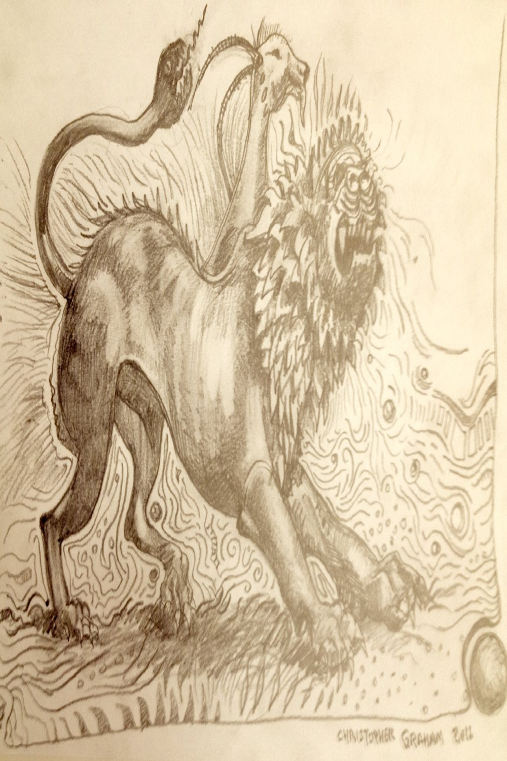 Headed Lion, Drawing/illustration by Christopher Graham