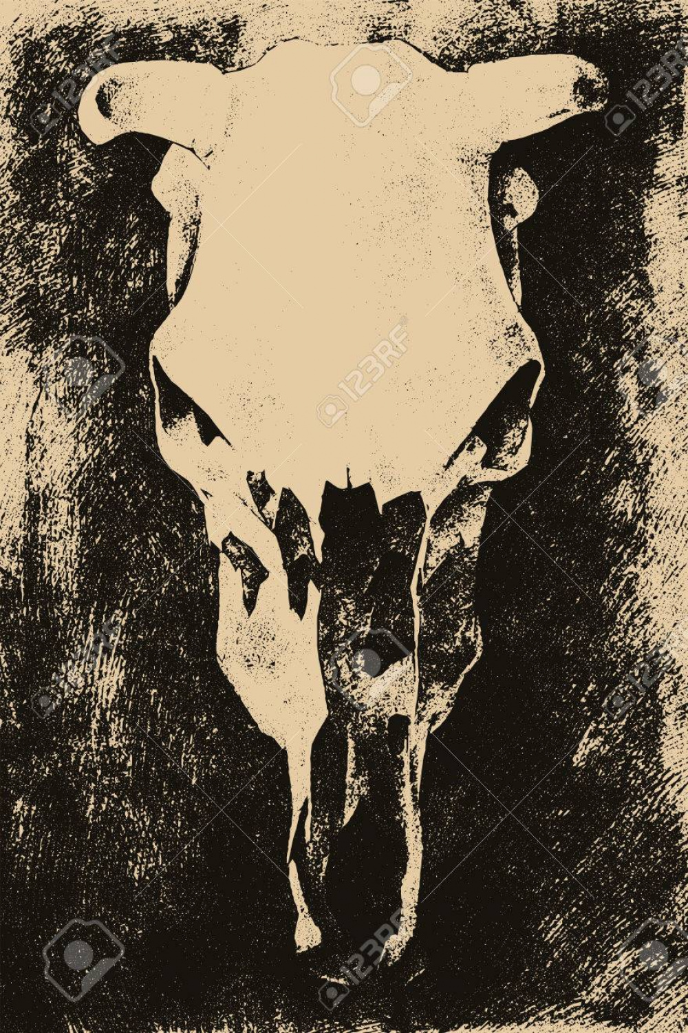 Horror Illustration, Cow Skull, Grunge Background, Scary Picture