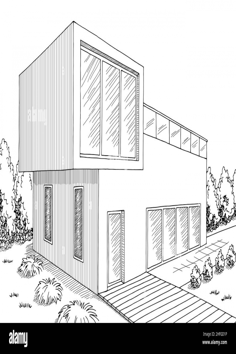 House exterior graphic black white sketch illustration vector