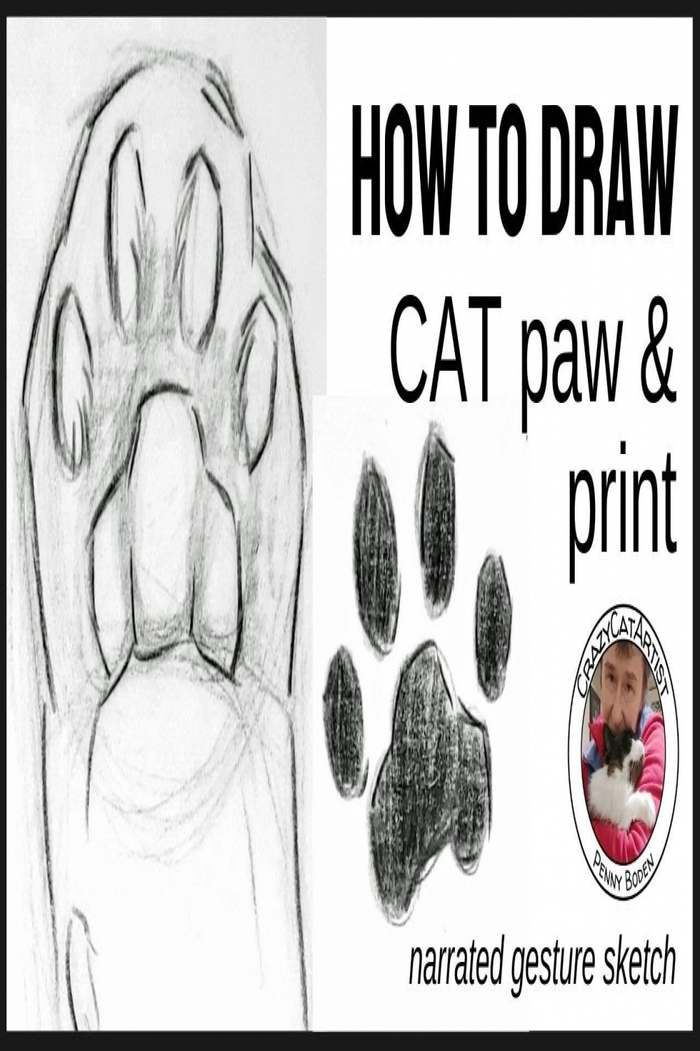 How to Draw a Cat Paw with Toe Beans, footprint, close up back foot print,  bottom underside pads