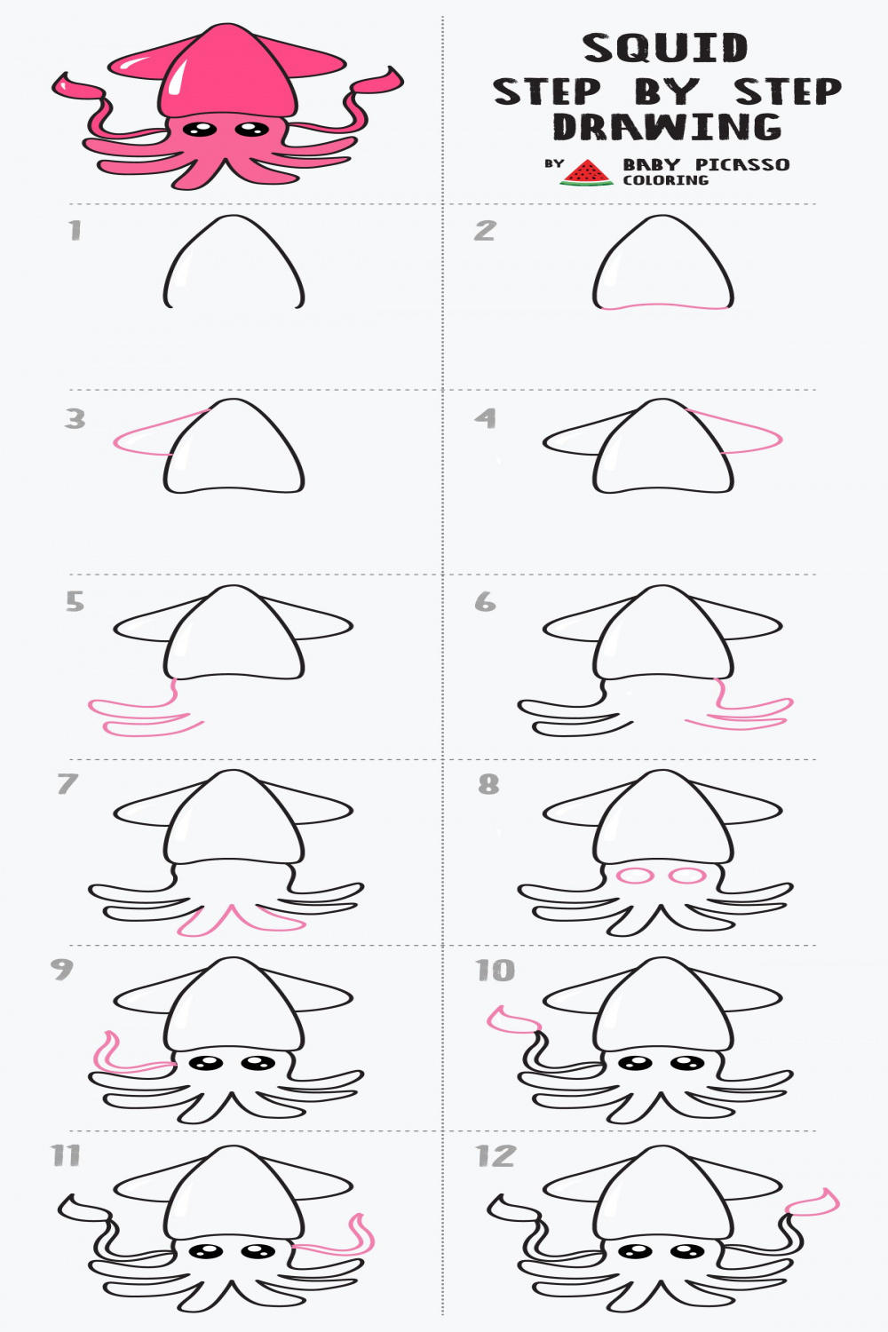How to draw a squid for kids - step by step drawing  Squid