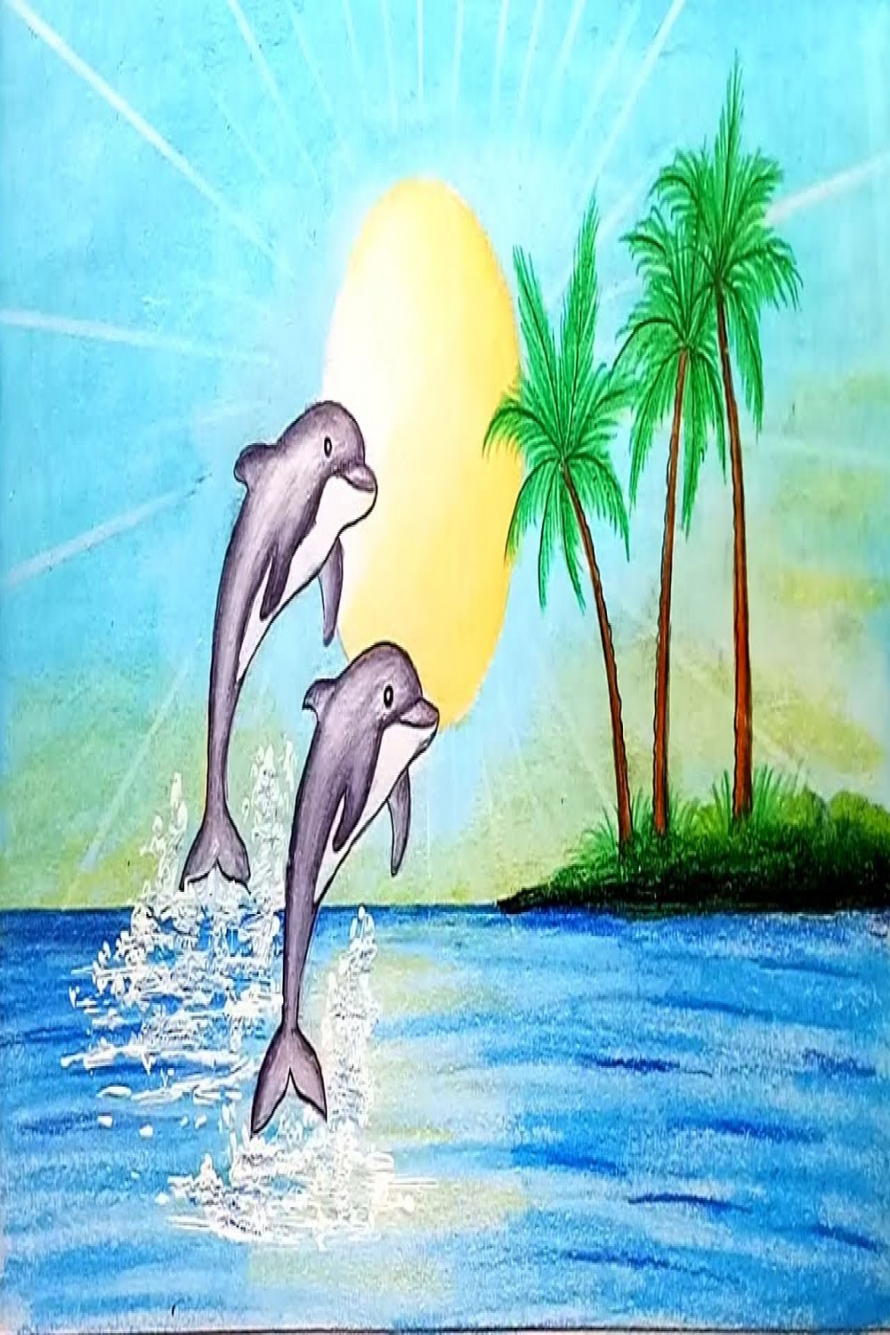 How to draw scenery of Dolphin in beach