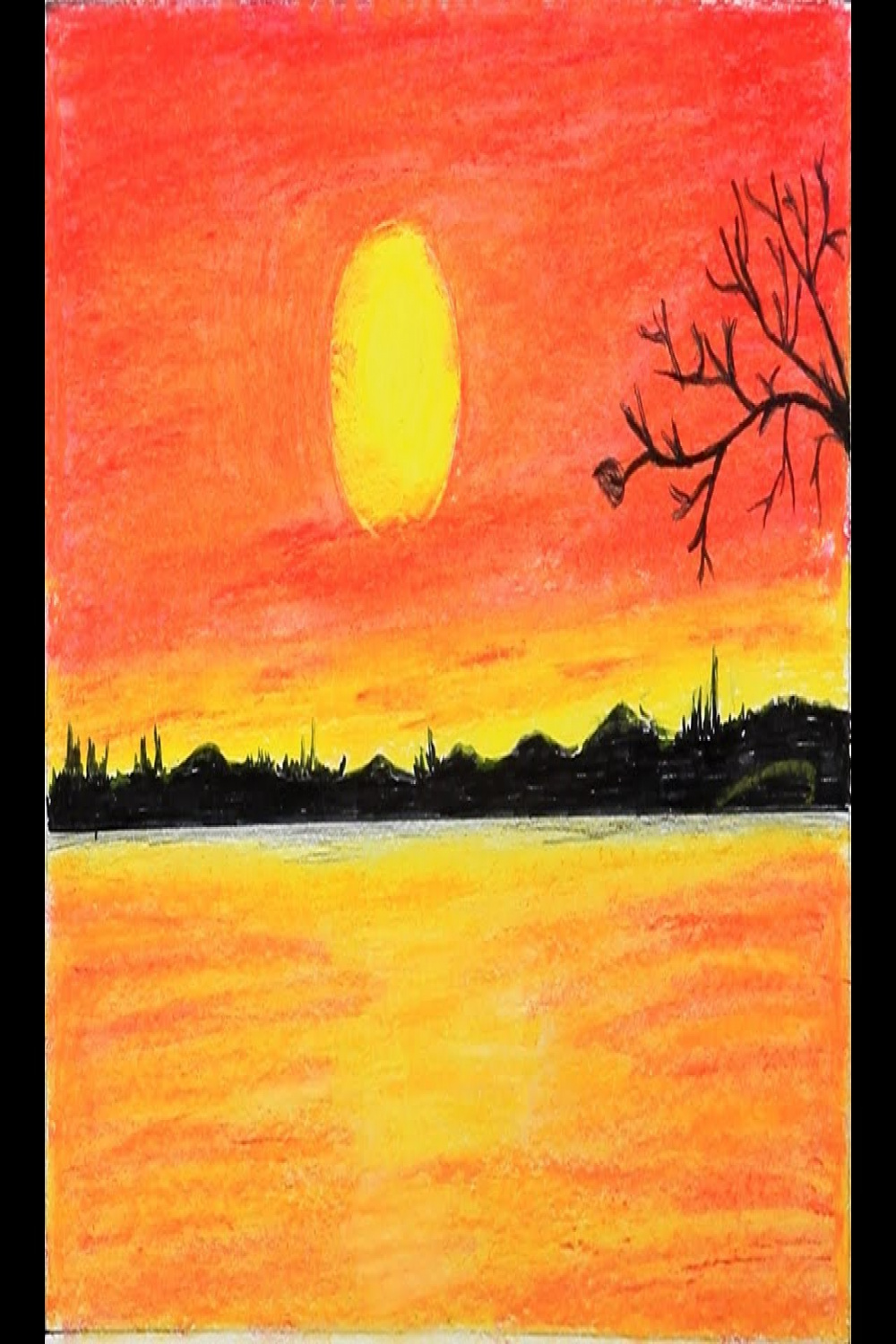 How to draw scenery of red sunset with oil pastels step by step  Very Easy  Drawing
