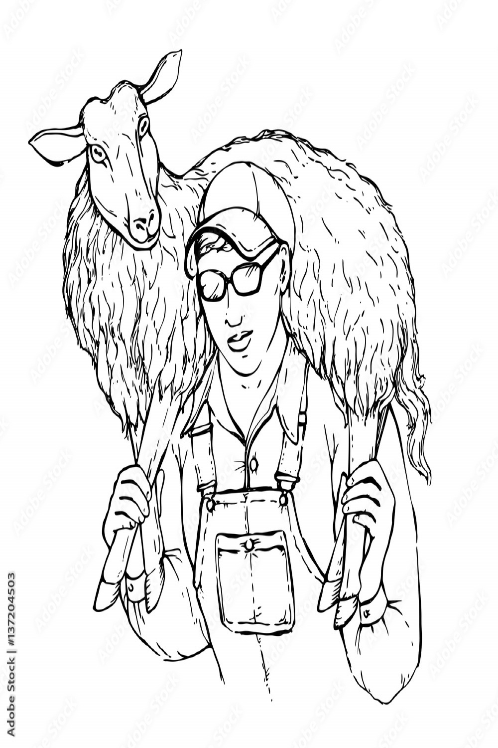 Illustration of a young strong farmer boy with sheep on his