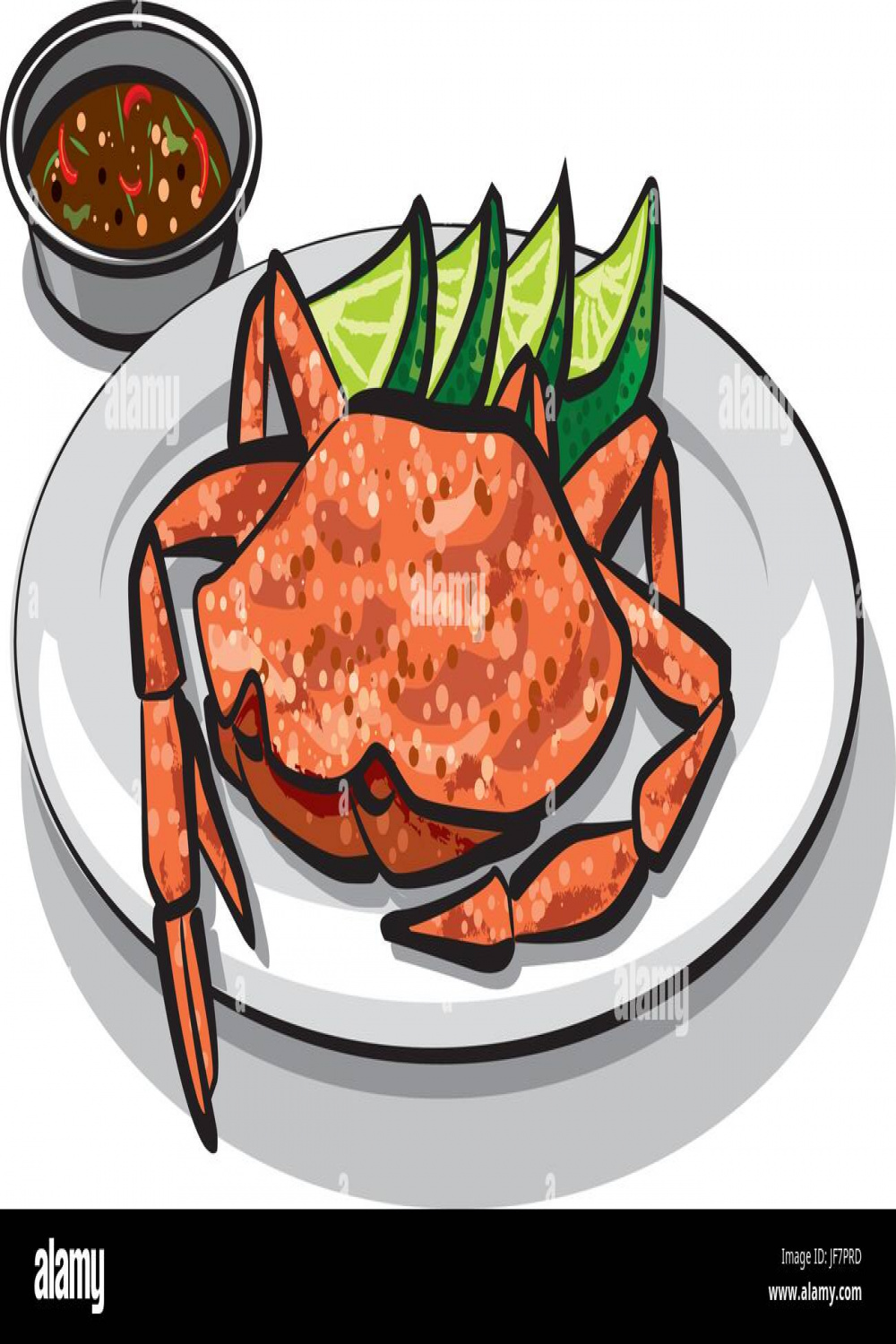 illustration of cooked crab on plate with lime and sauce Stock