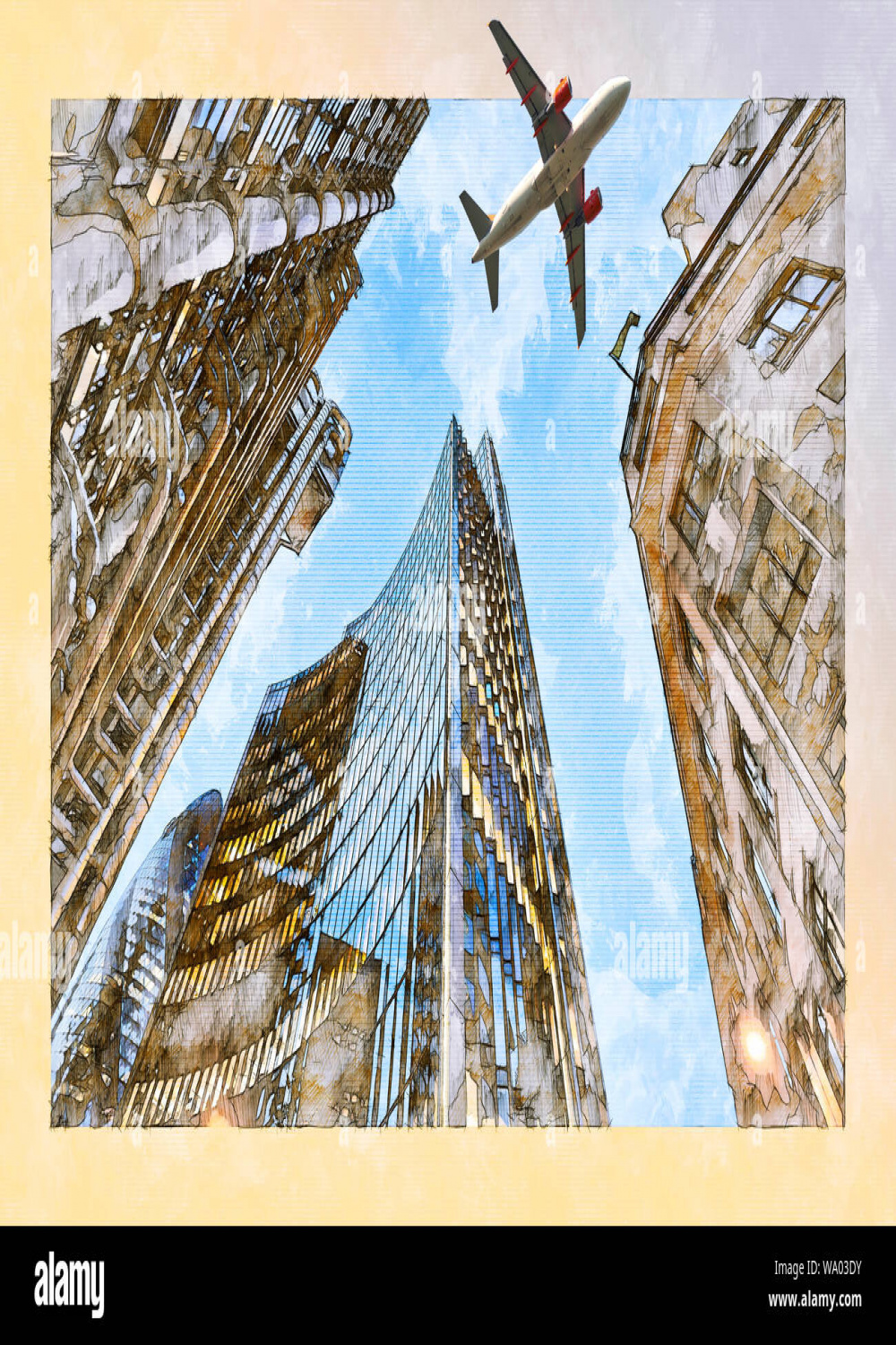 Illustration sketch of A jet plane flying low over Three different