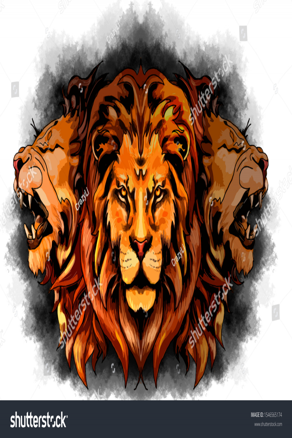 Ilustrasi Stok Threeheaded Lion Brushstroke Color Illustration