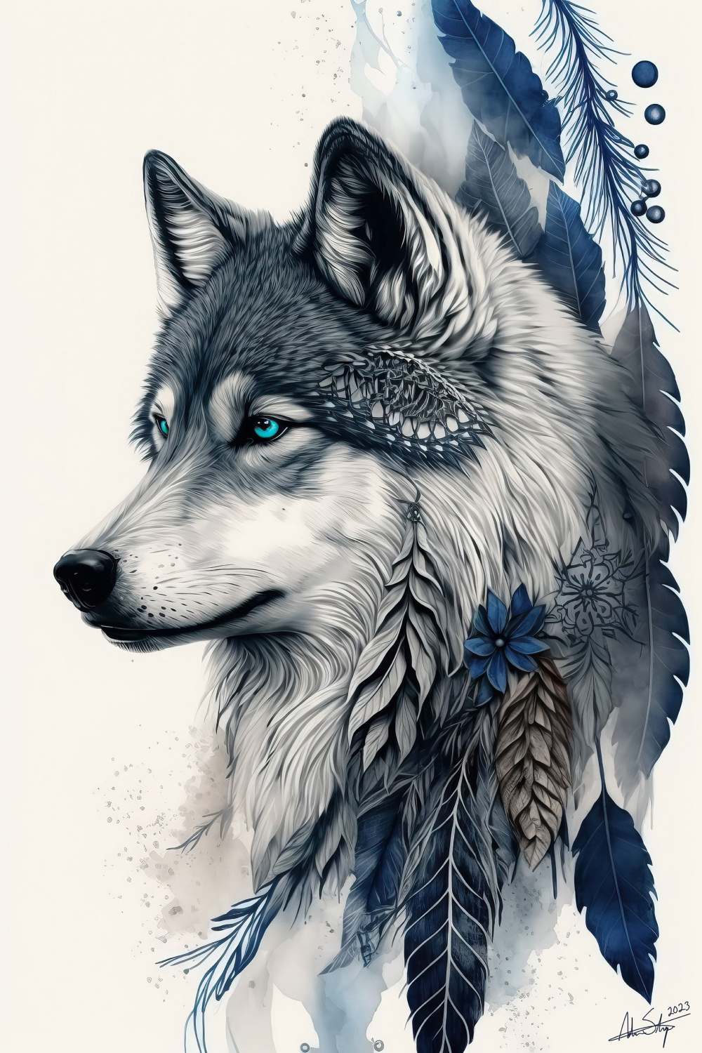 Indianer Wolf Tier Kunst Traumfänger Wolf Bild Aquarell Boho Wand