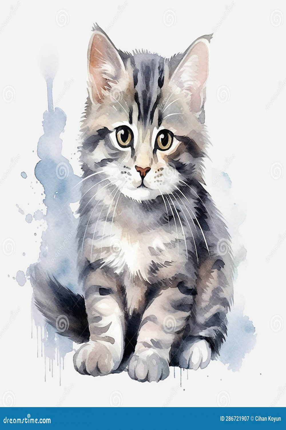 Joyful Watercolor Cat Drawing on a White Canvas Stock Illustration