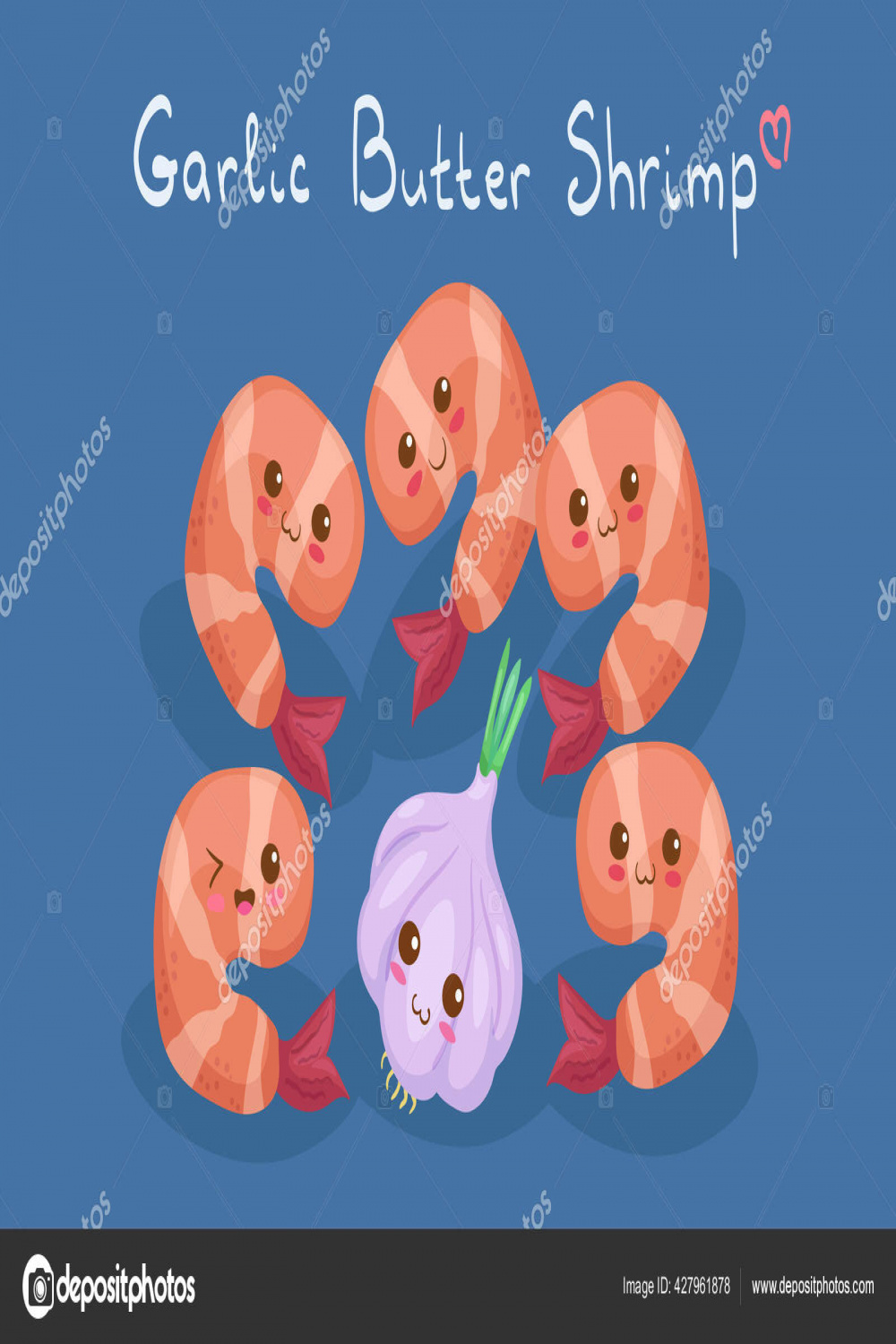 Kawaii Smiling Funny Fried Shrimps Garlic Butter Hand Drawn