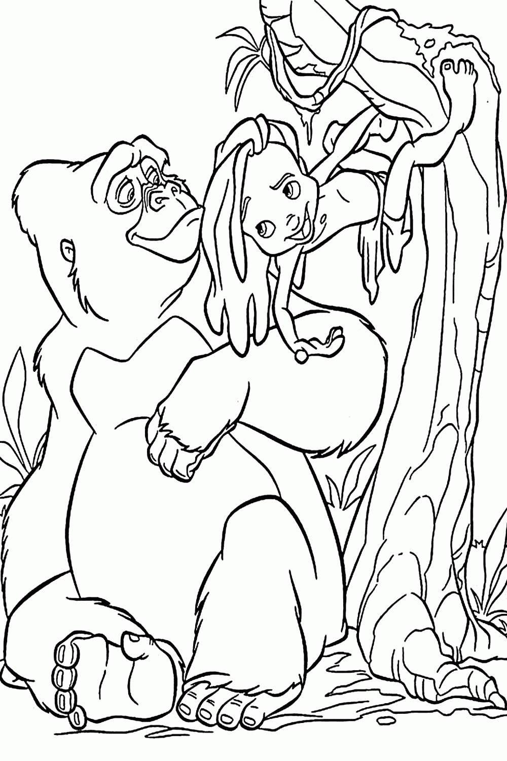 Little Tarzan with mom gorilla coloring pages for kids, printable