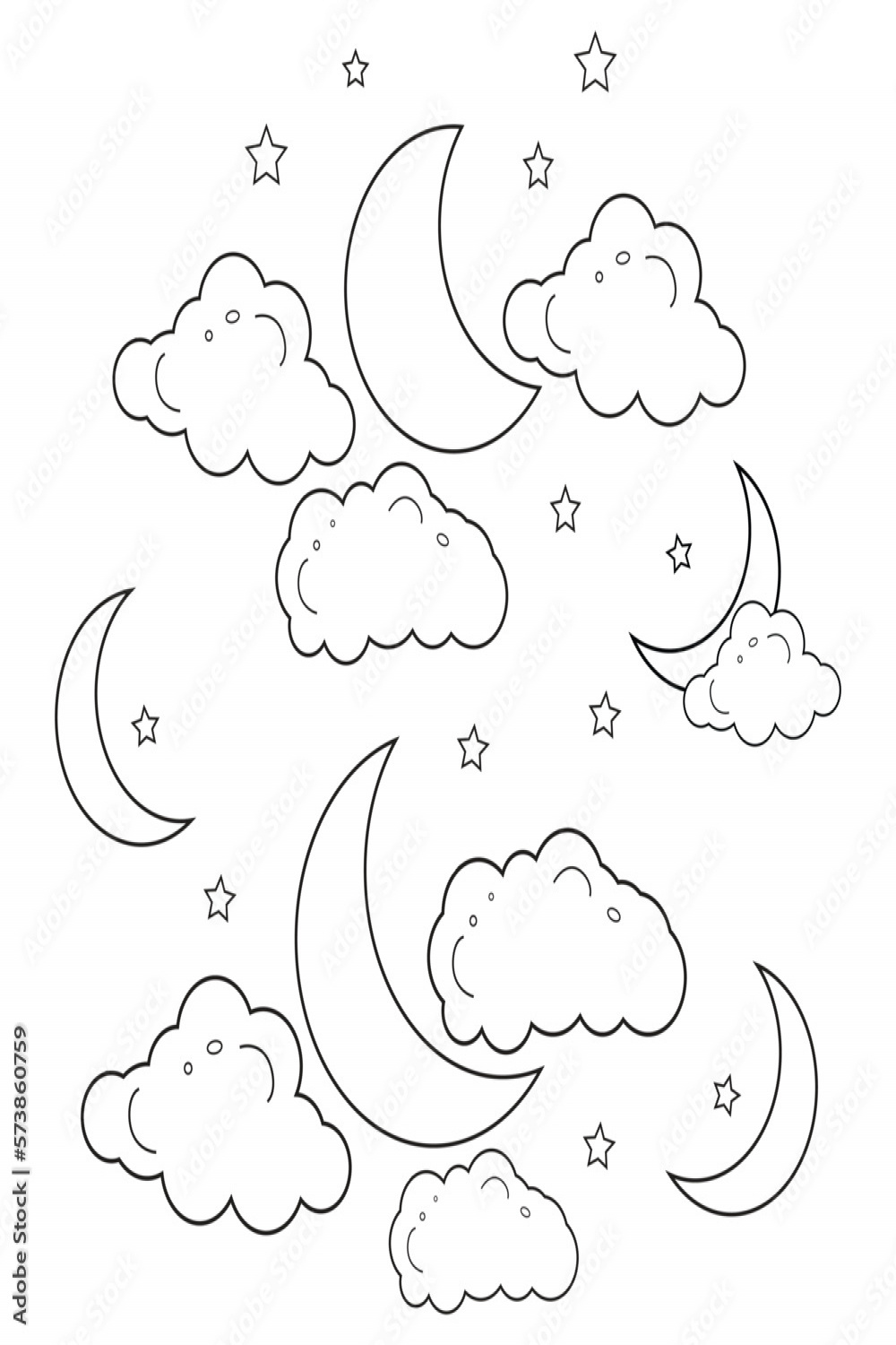 Moon,star and clouds line art drawing outline style,kids drawing