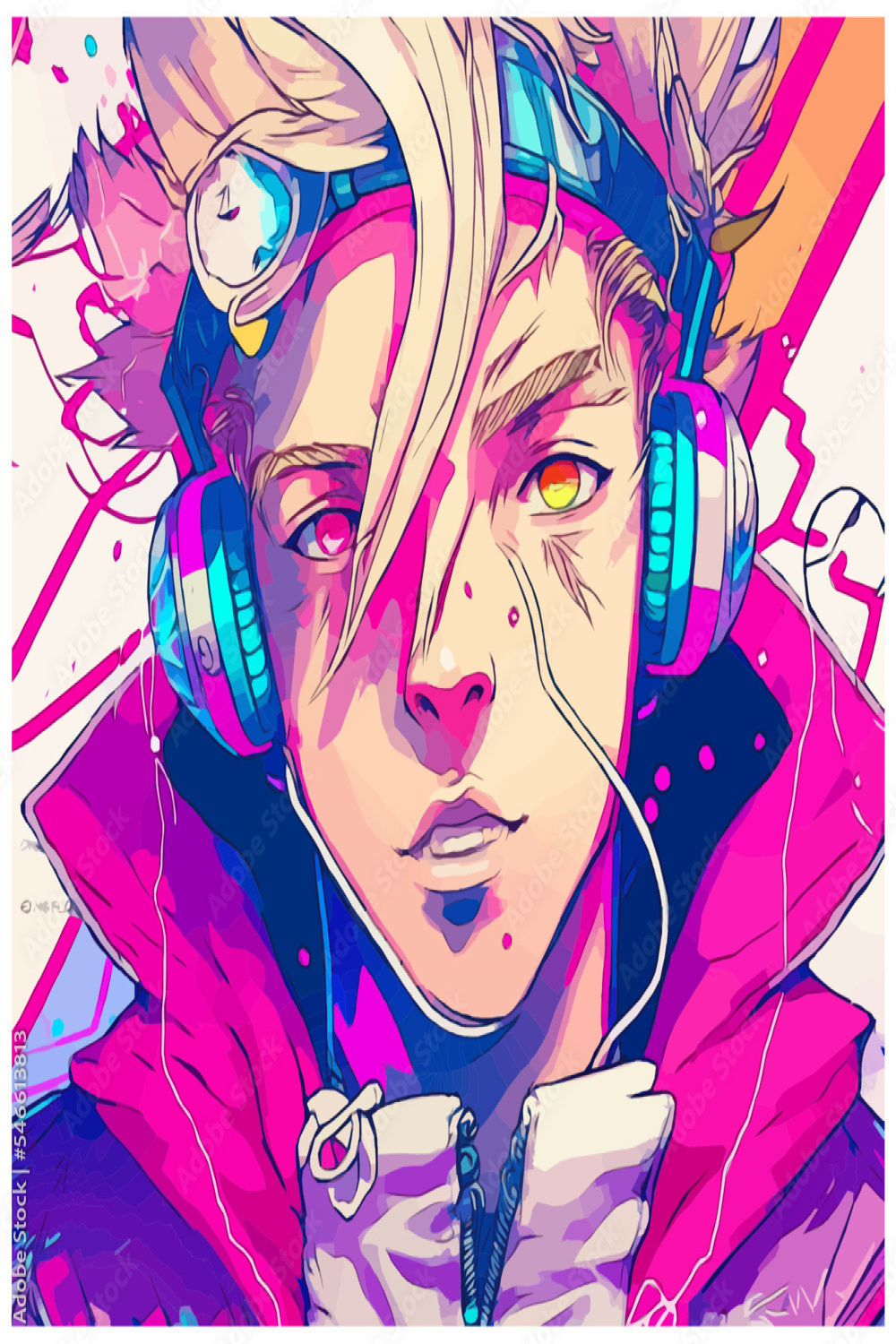 Neon Graffiti Anime Boy with Blond Hair, Pink Jacket, and