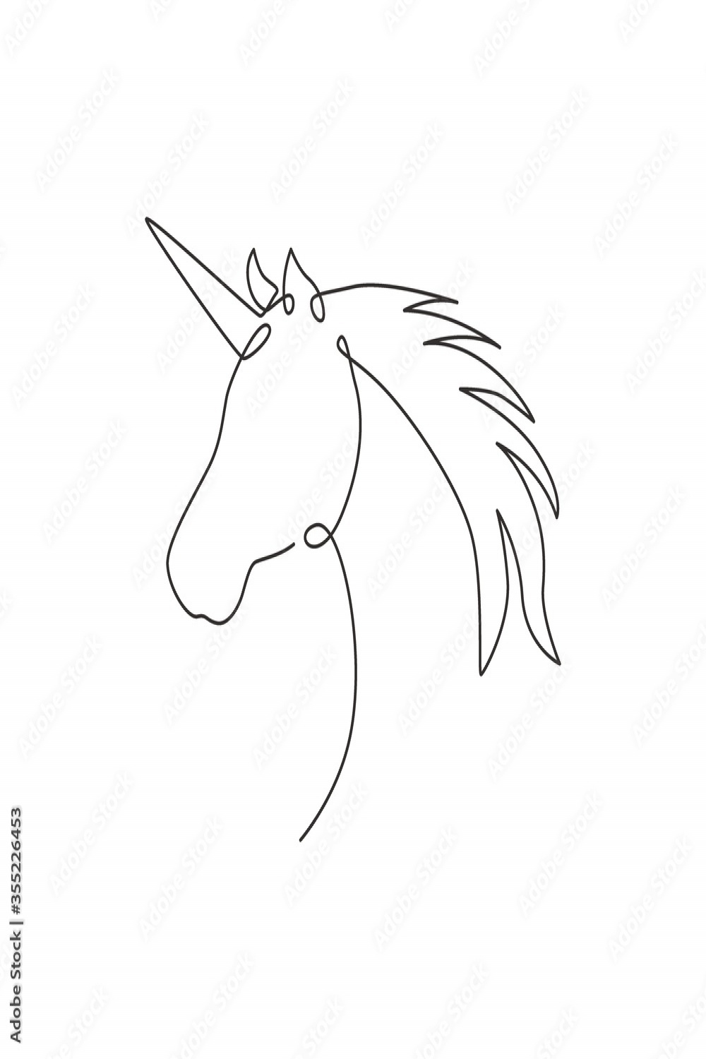 One continuous line drawing of beautiful cute unicorn head for