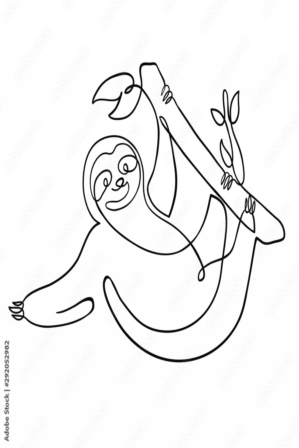 One line drawing cute sloth hanging on the tree