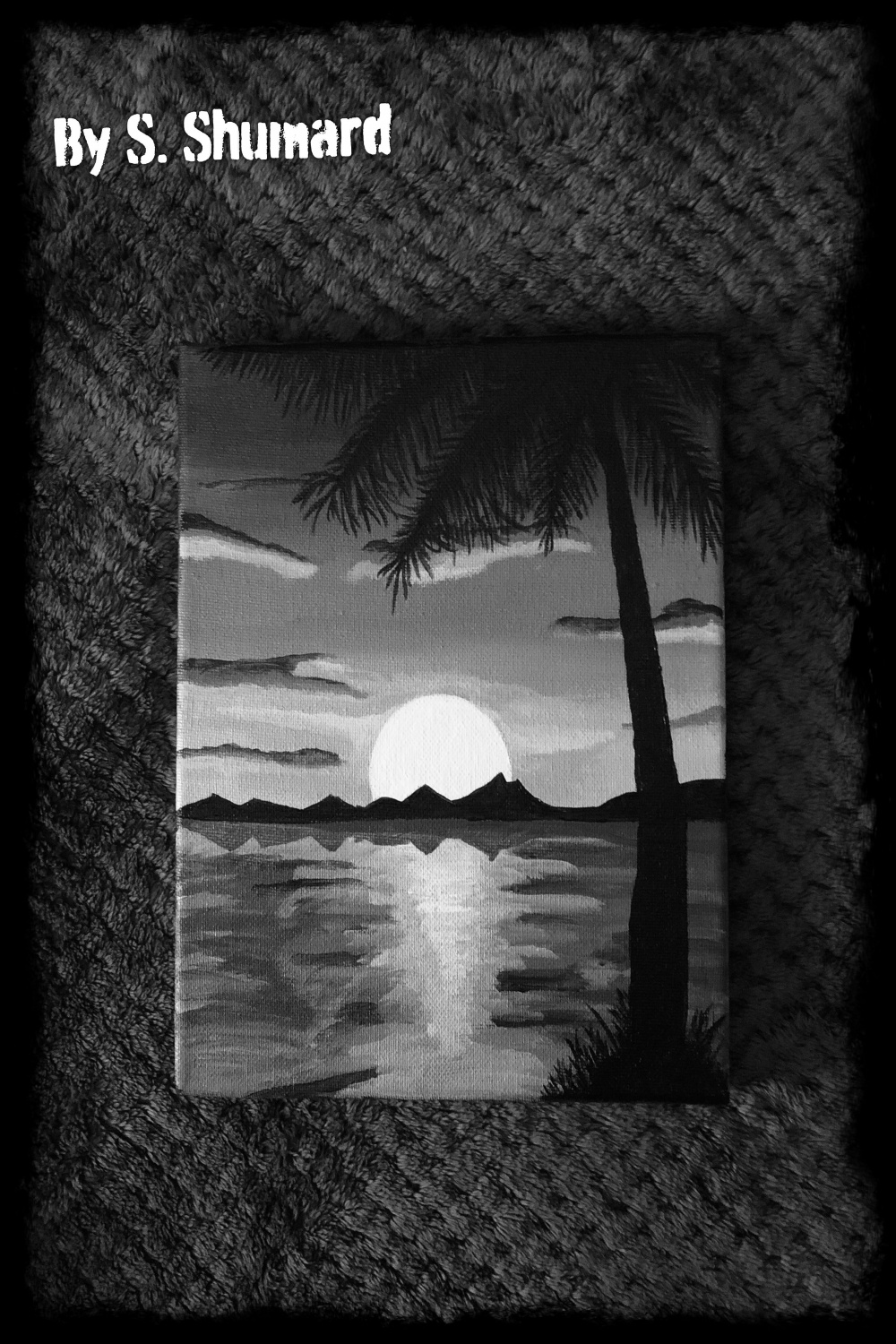Palm Tree sunset in black/white graywash acrylic painting