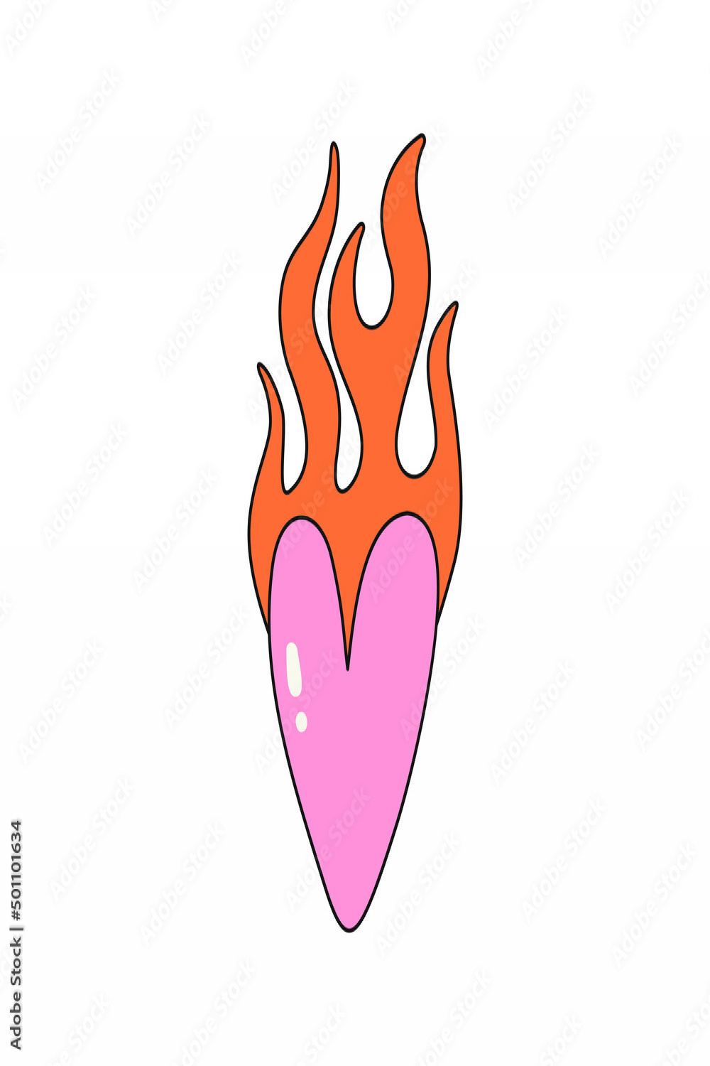 Pink heart icon with red flame. Yk style
