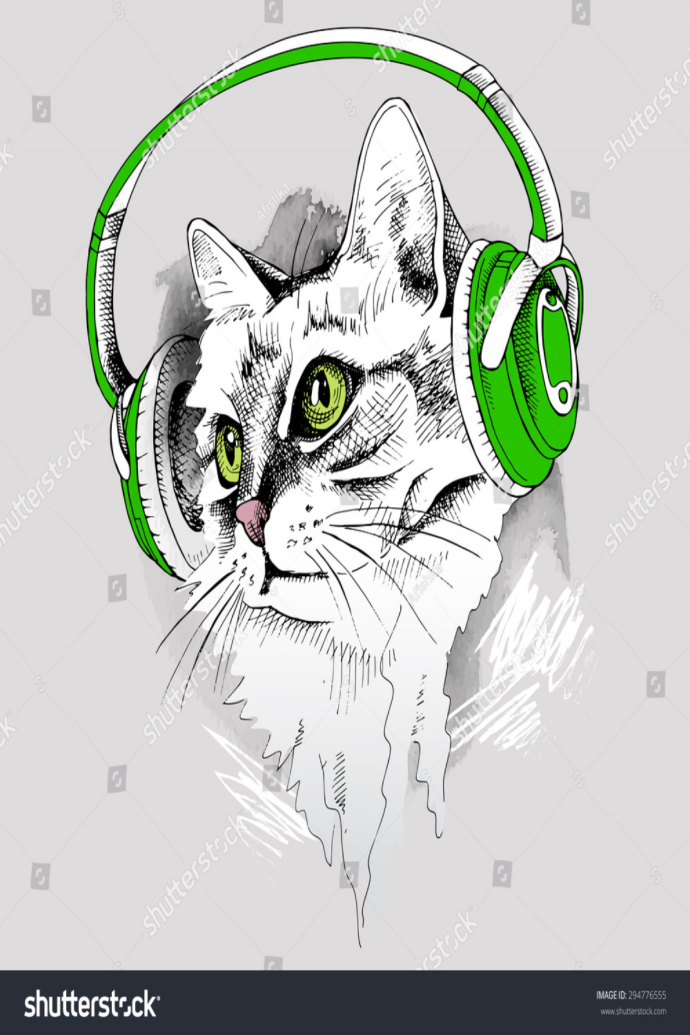 Portrait Cat Green Eyes Headphones Vector Stock Vector (Royalty